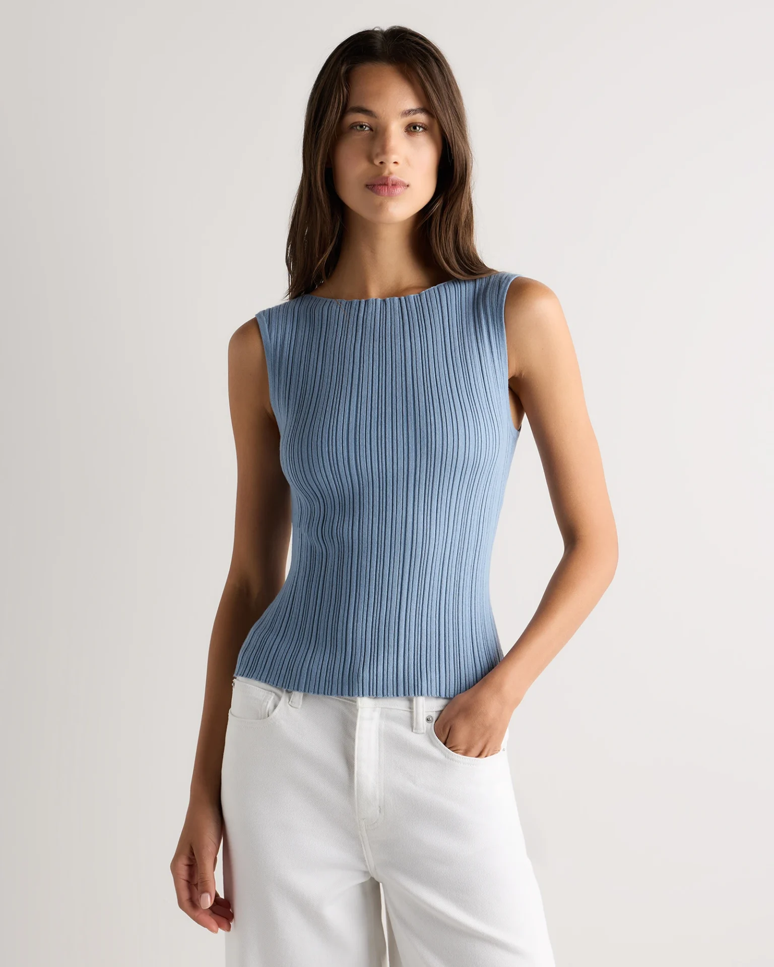 Cotton Cashmere Ribbed Tank (Mountain Spring Blue)