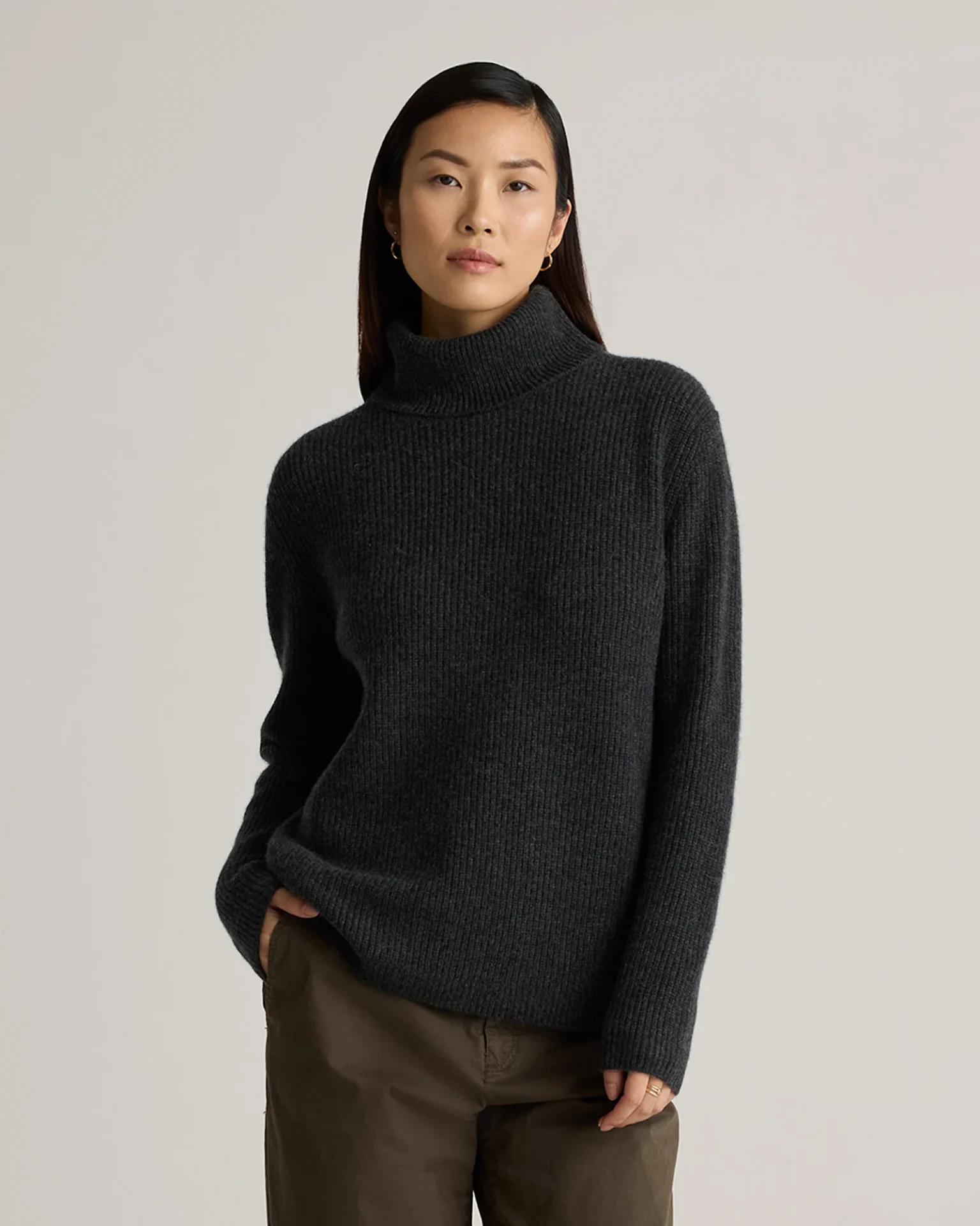 Mongolian Cashmere Fisherman Turtleneck Sweater (Heather Charcoal)