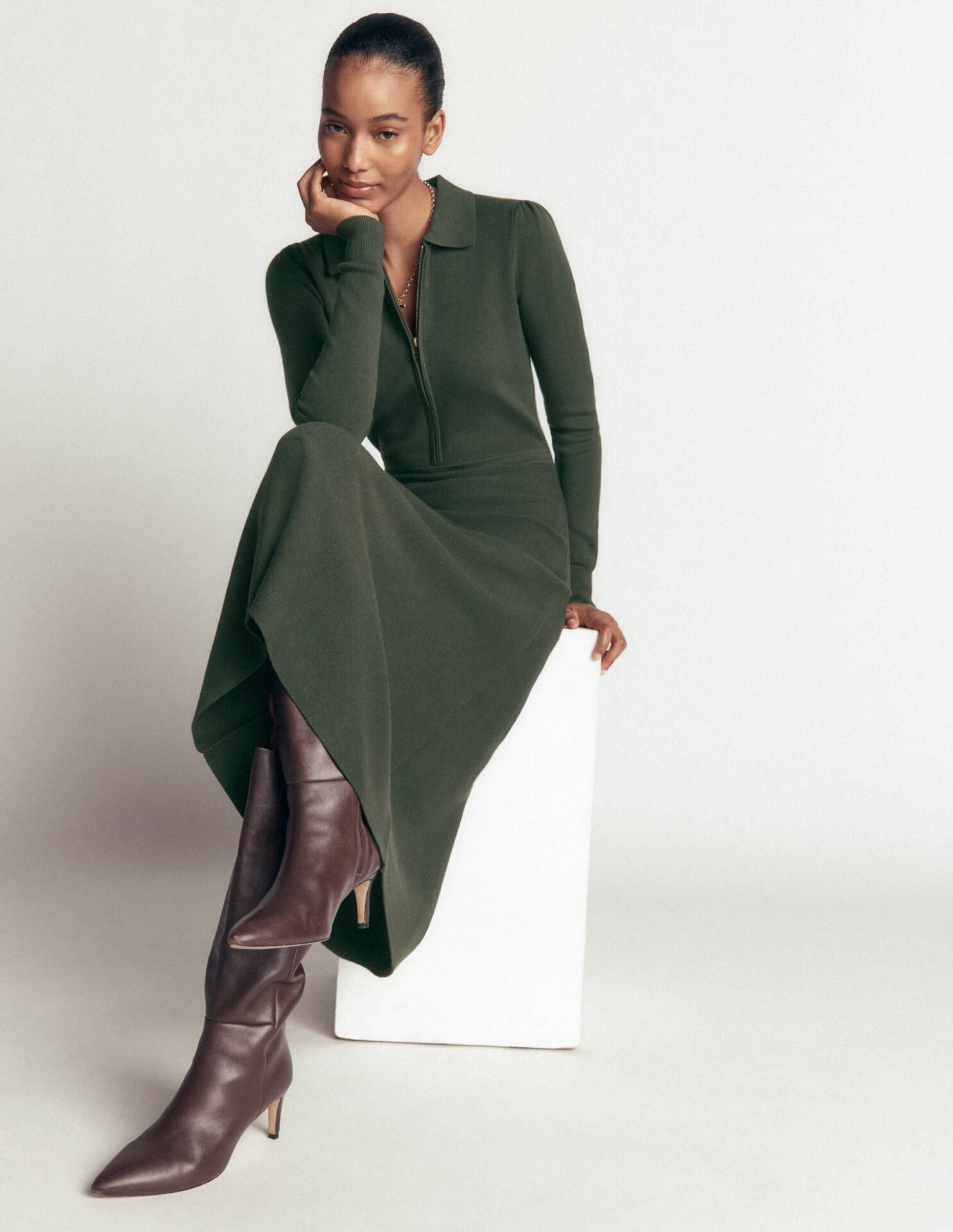 Fiona Zip Front Knitted Dress (Hunter Green)