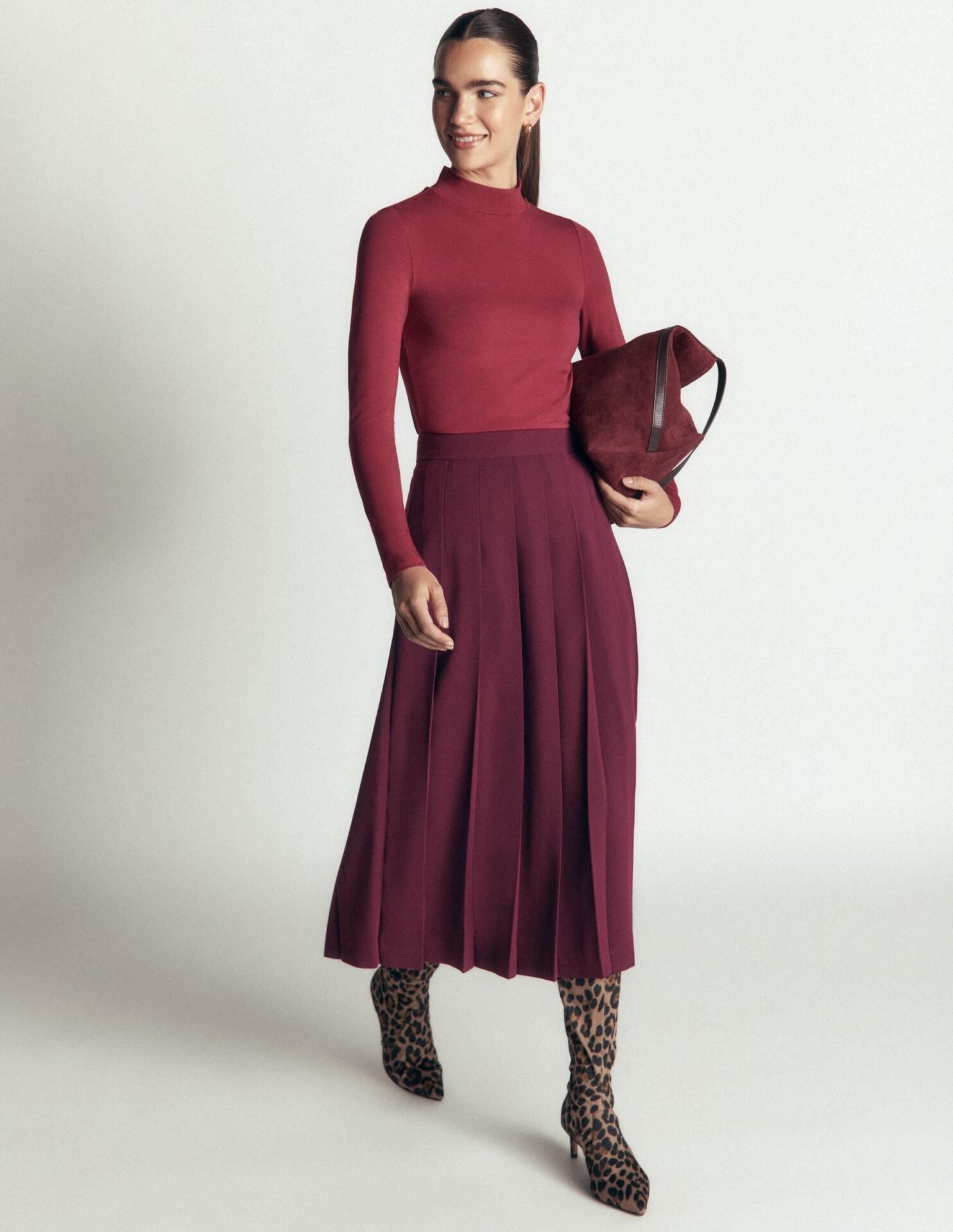 Pleat Side Split Midi Skirt (Dark Cherry)