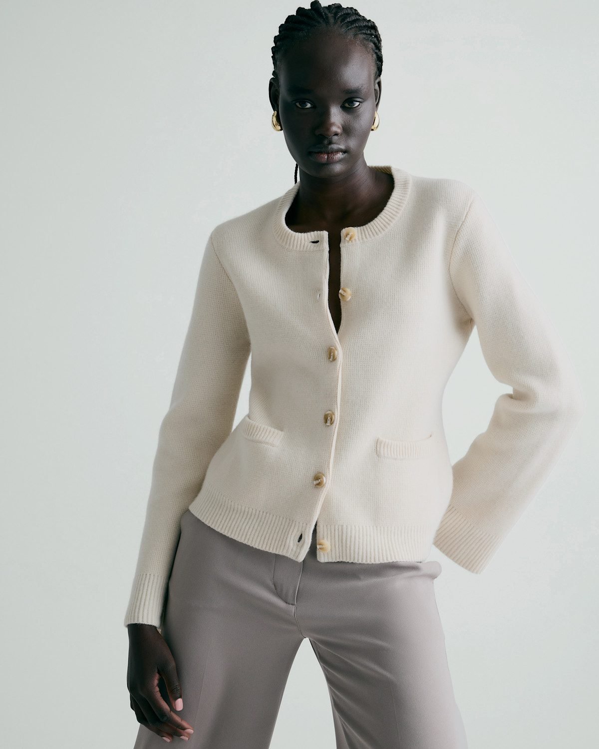 Mongolian Cashmere Structured Cardigan (Ivory)