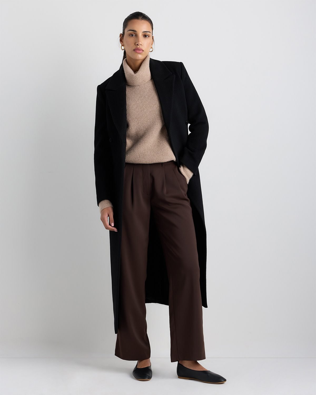 Wool Cashmere Tailored Long Coat (Black)