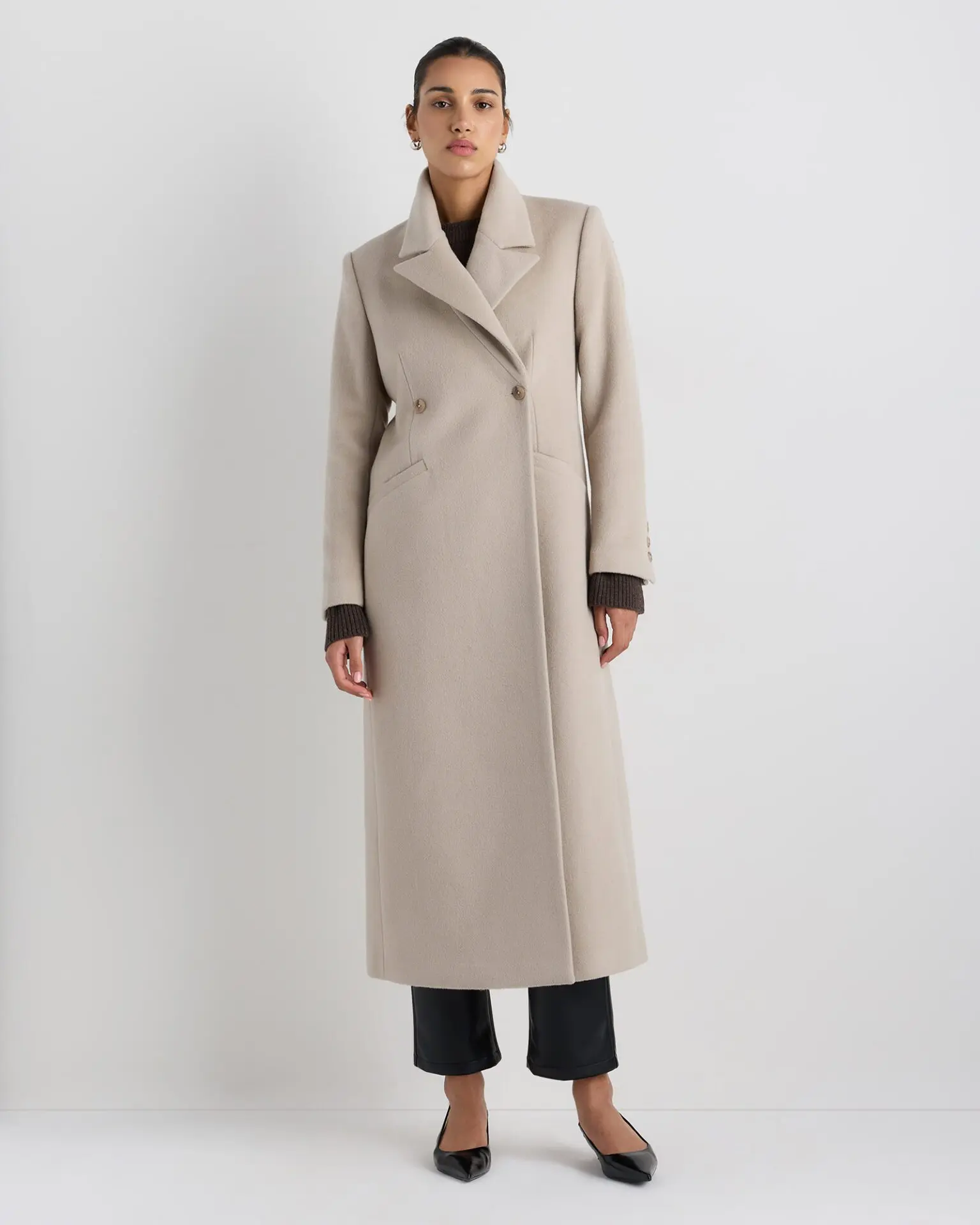 Wool Cashmere Tailored Long Coat (Melange Sand Dune)