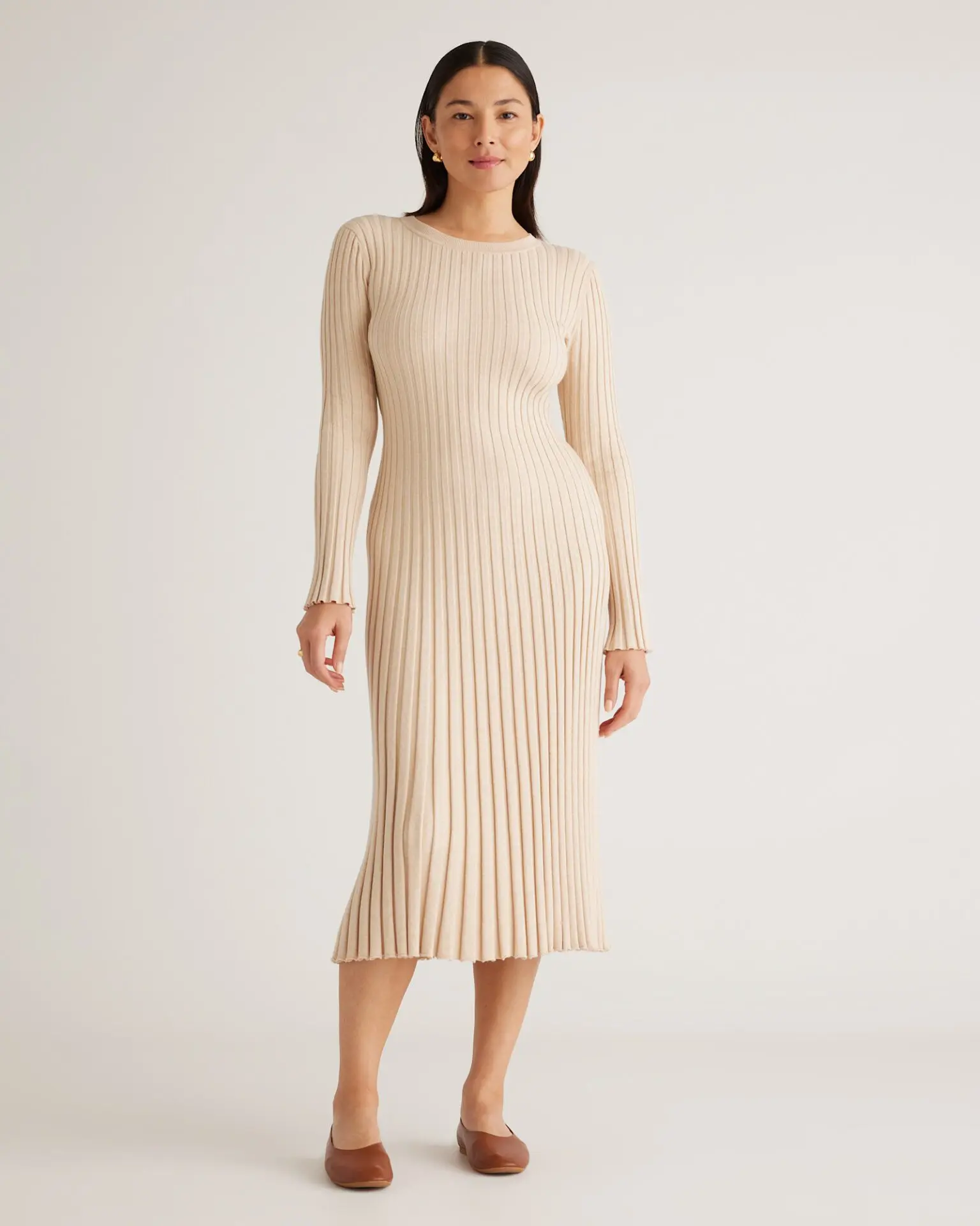 Cotton Cashmere Ribbed Long Sleeve Crew Midi Dress (Heather Oatmeal)