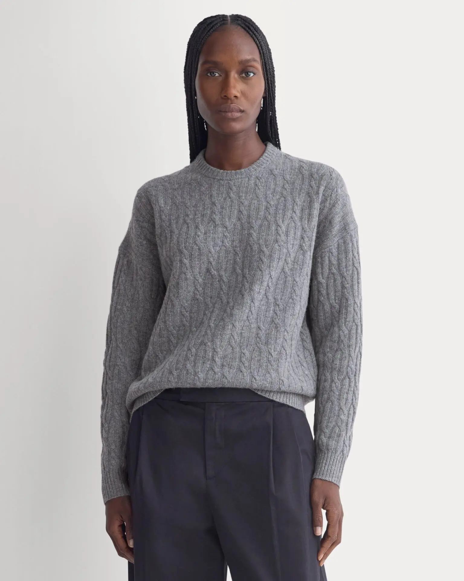 Relaxed Cable-Knit Crew in Luxe Merino (Heathered Mid-Grey)