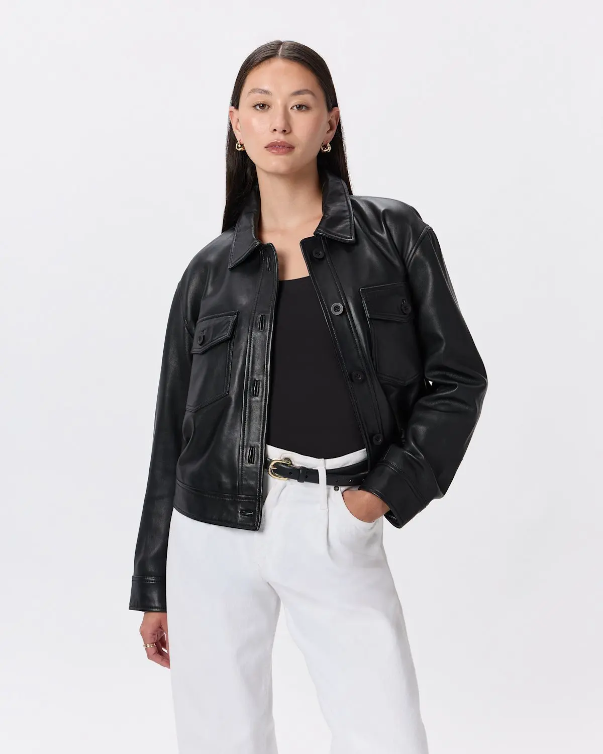 100% Leather Cropped Jacket (True Black)