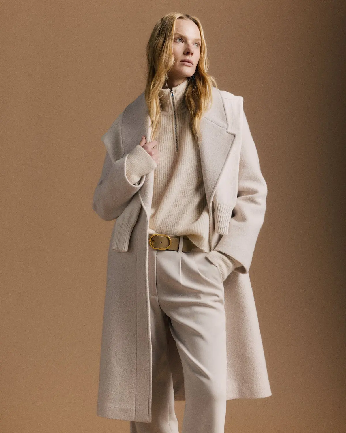 100% Merino Wool Shawl Collar Long Coat (Heather Bone)