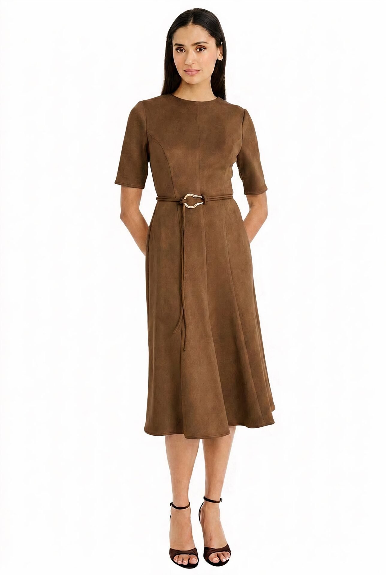 Elea Elbow Sleeve Midi Dress with Belt in Suede (Chocolate)