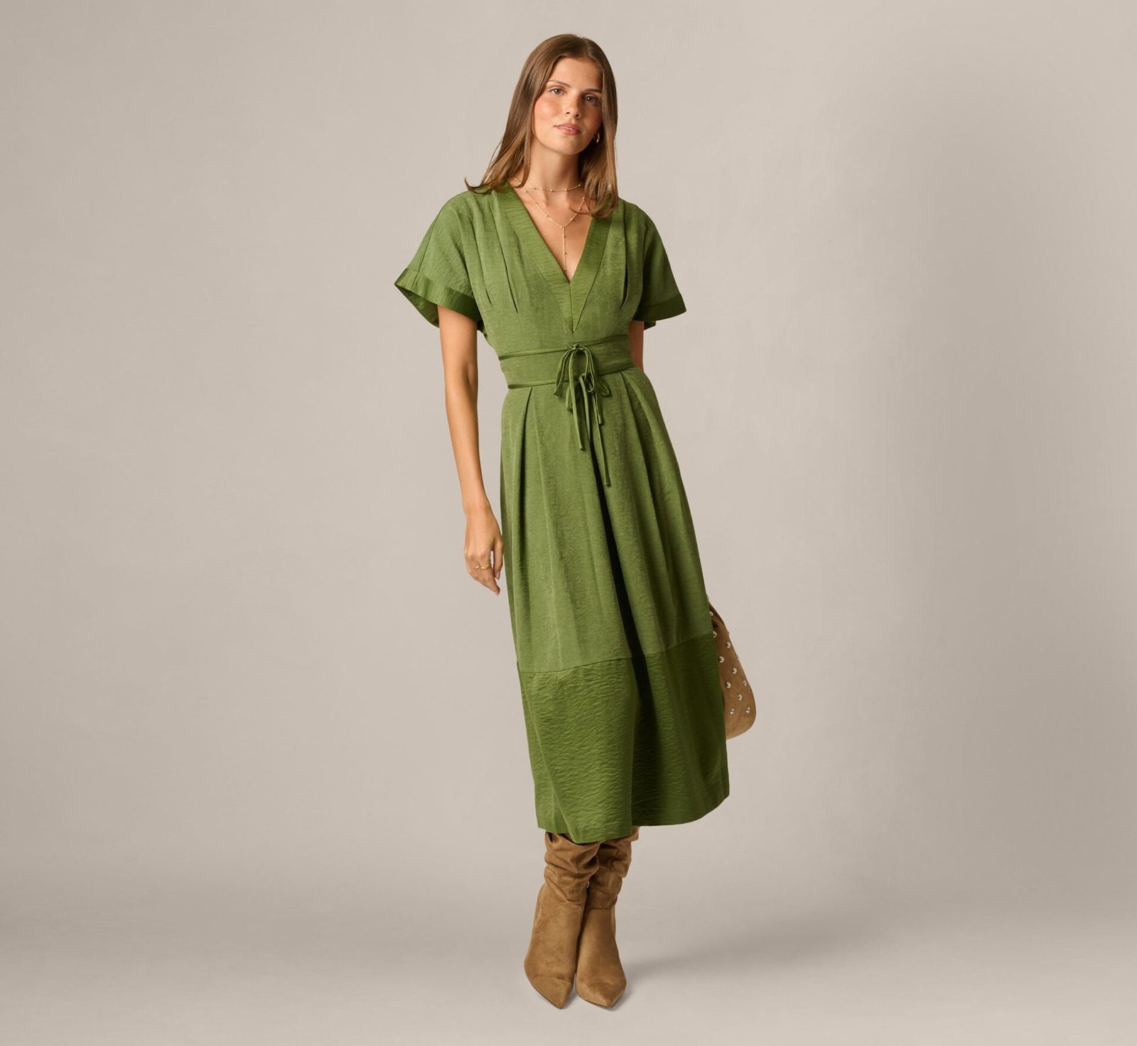 Short Sleeve Pleated Bow Waist Sueded Satin Midi Dress (Olive)