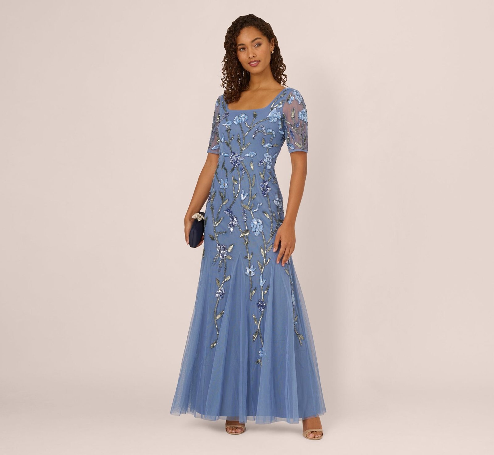 Square Neck Short Sleeve Beaded Godet Gown (French Blue)