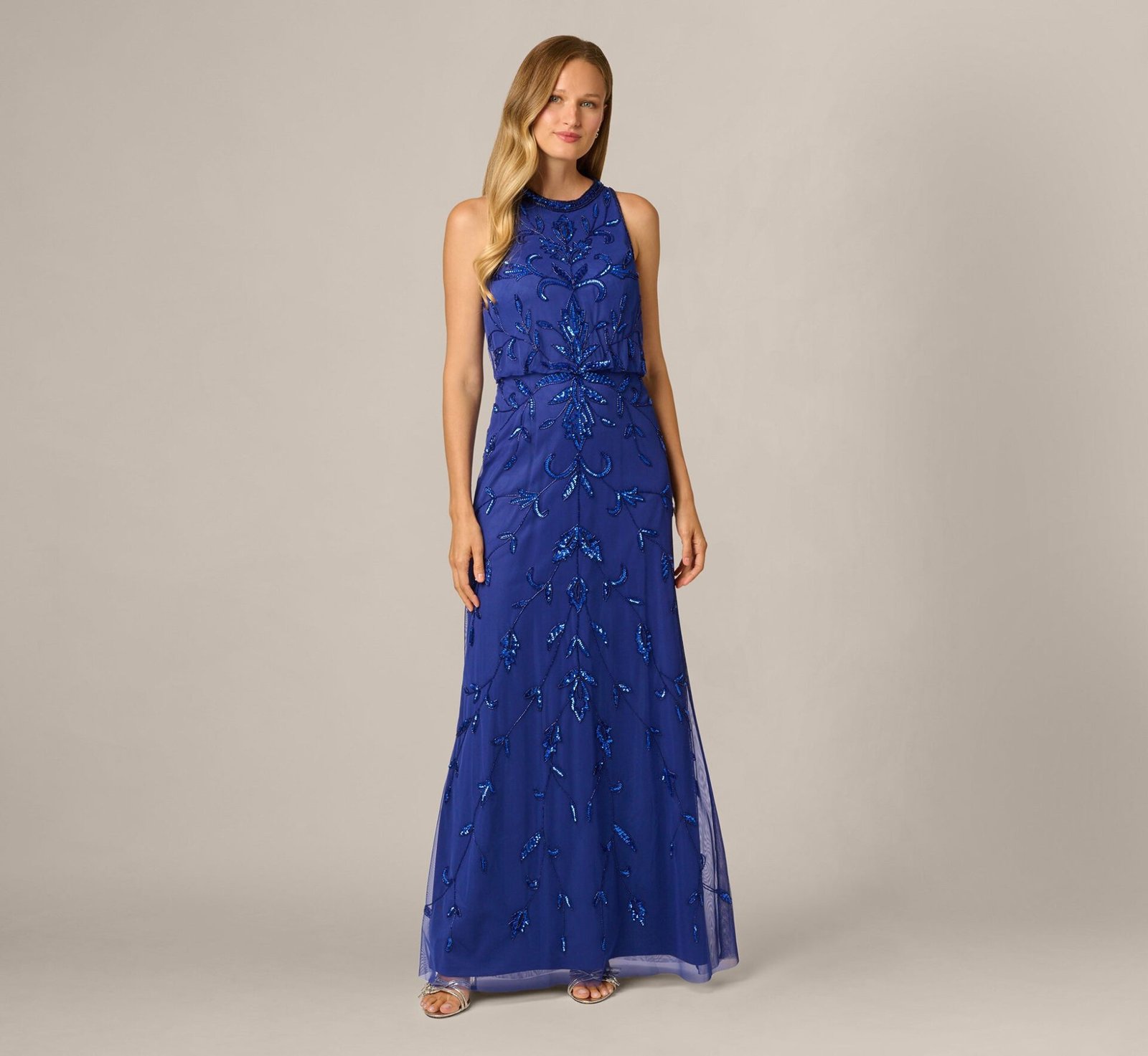 Baroque Scroll Sequin Beaded Blouson Gown (Ultra Blue)