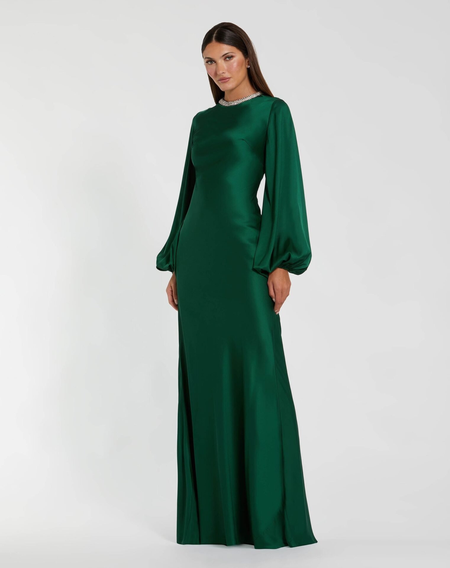 Emerald Beaded High Neck Bishop Sleeve Satin Gown