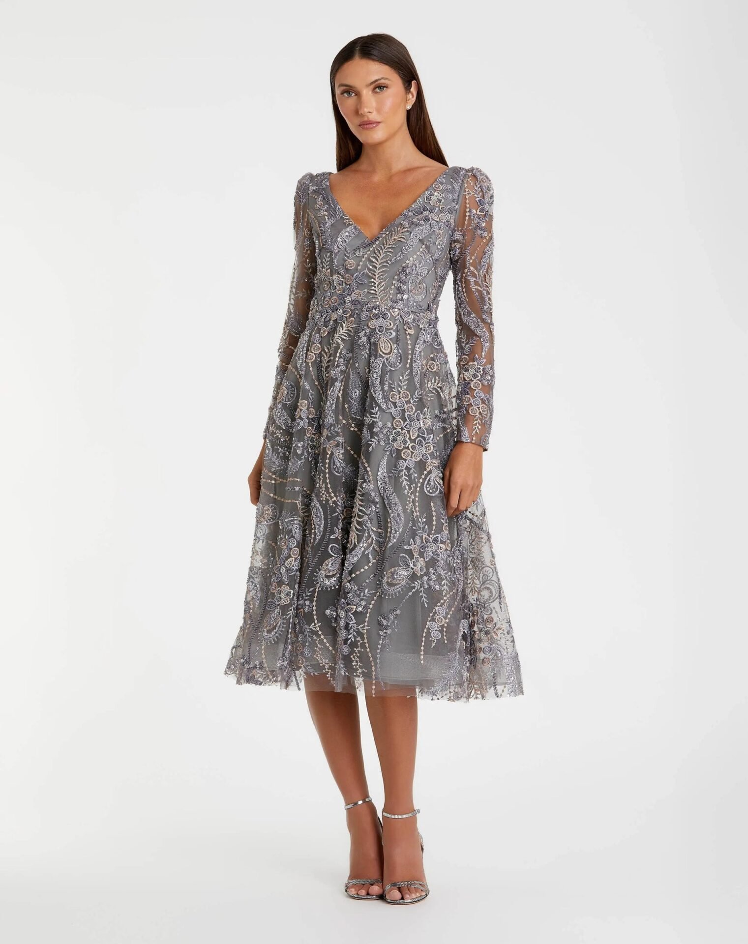 Gray Embroidered Long Sleeve Midi Dress (Charcoal)