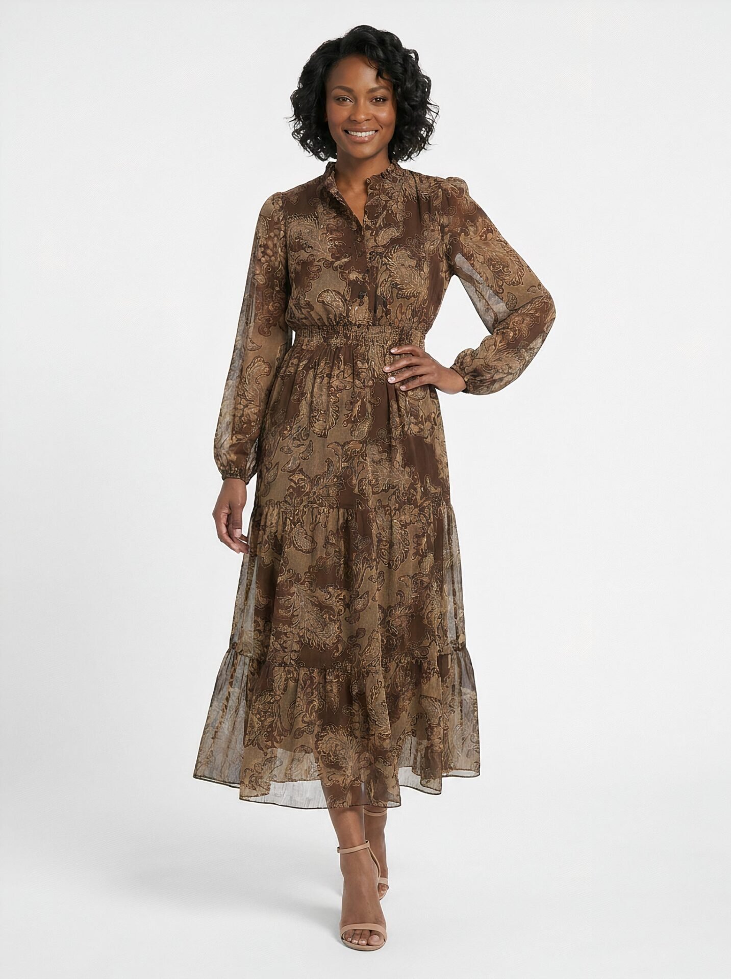 Lettie Ruffle Neck Tiered Maxi (Deep Brown/Portabella)