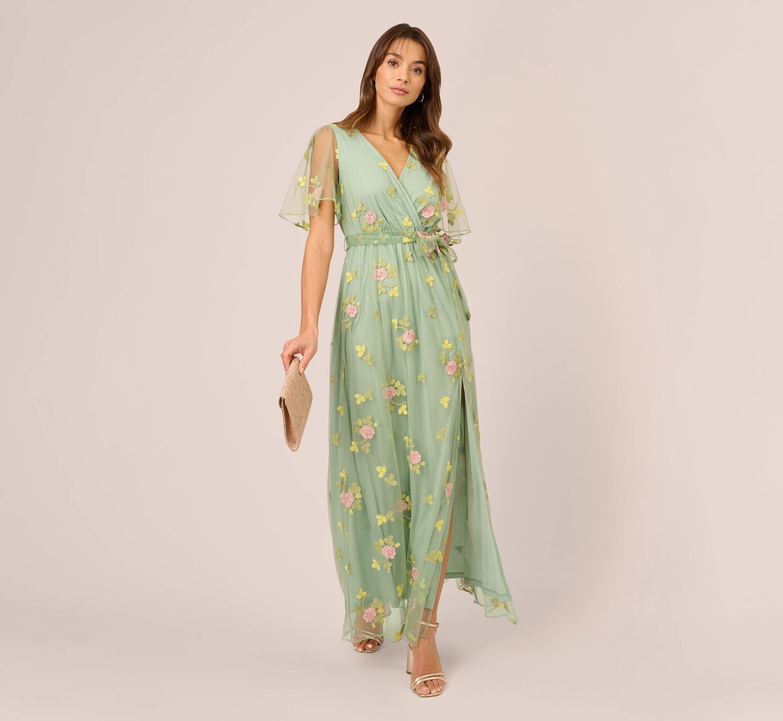 Floral Embroidered Maxi Dress With Sheer Flutter Sleeves (Sage Multi)