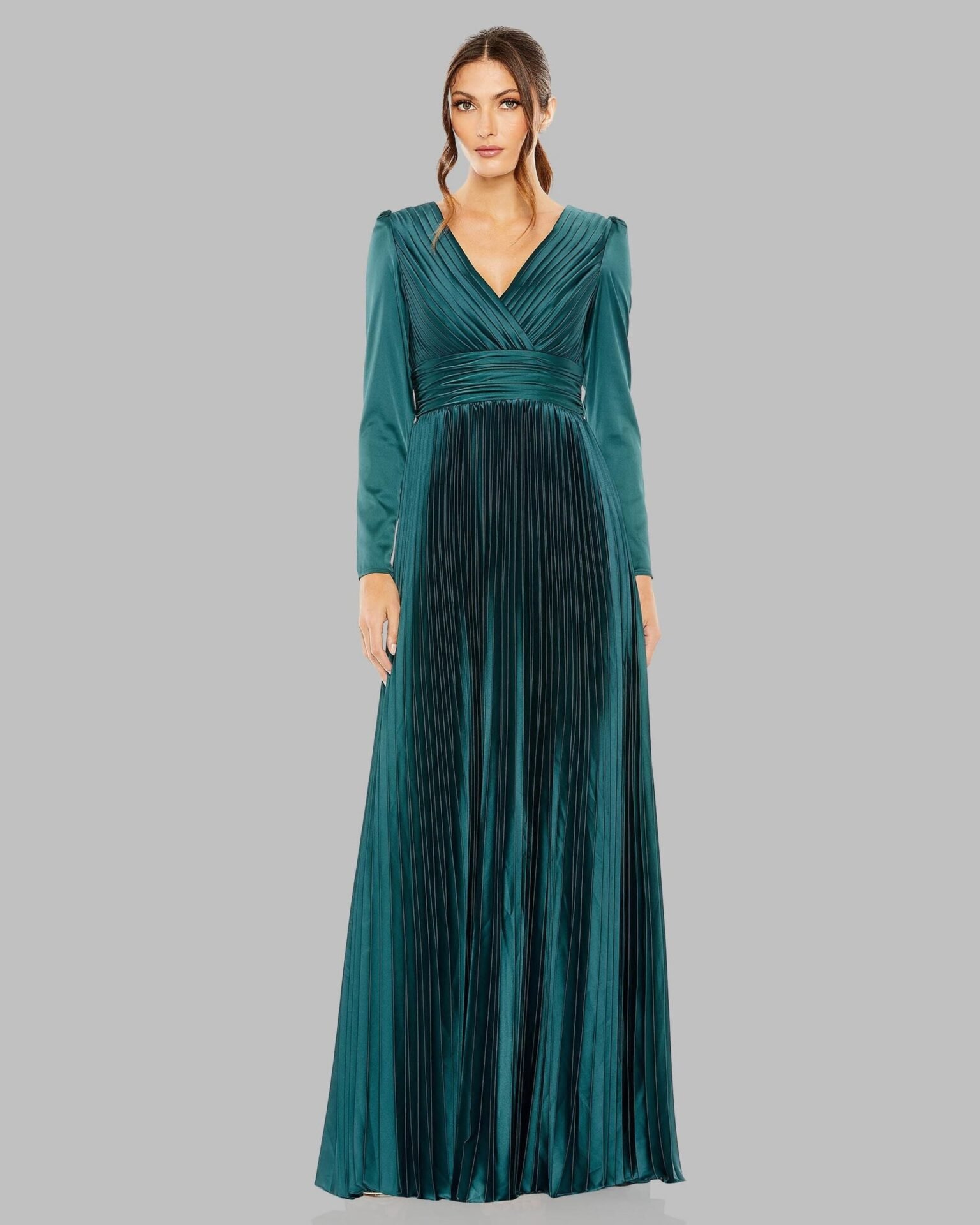 Ocean Pleated Long Sleeve V-Neck Gown