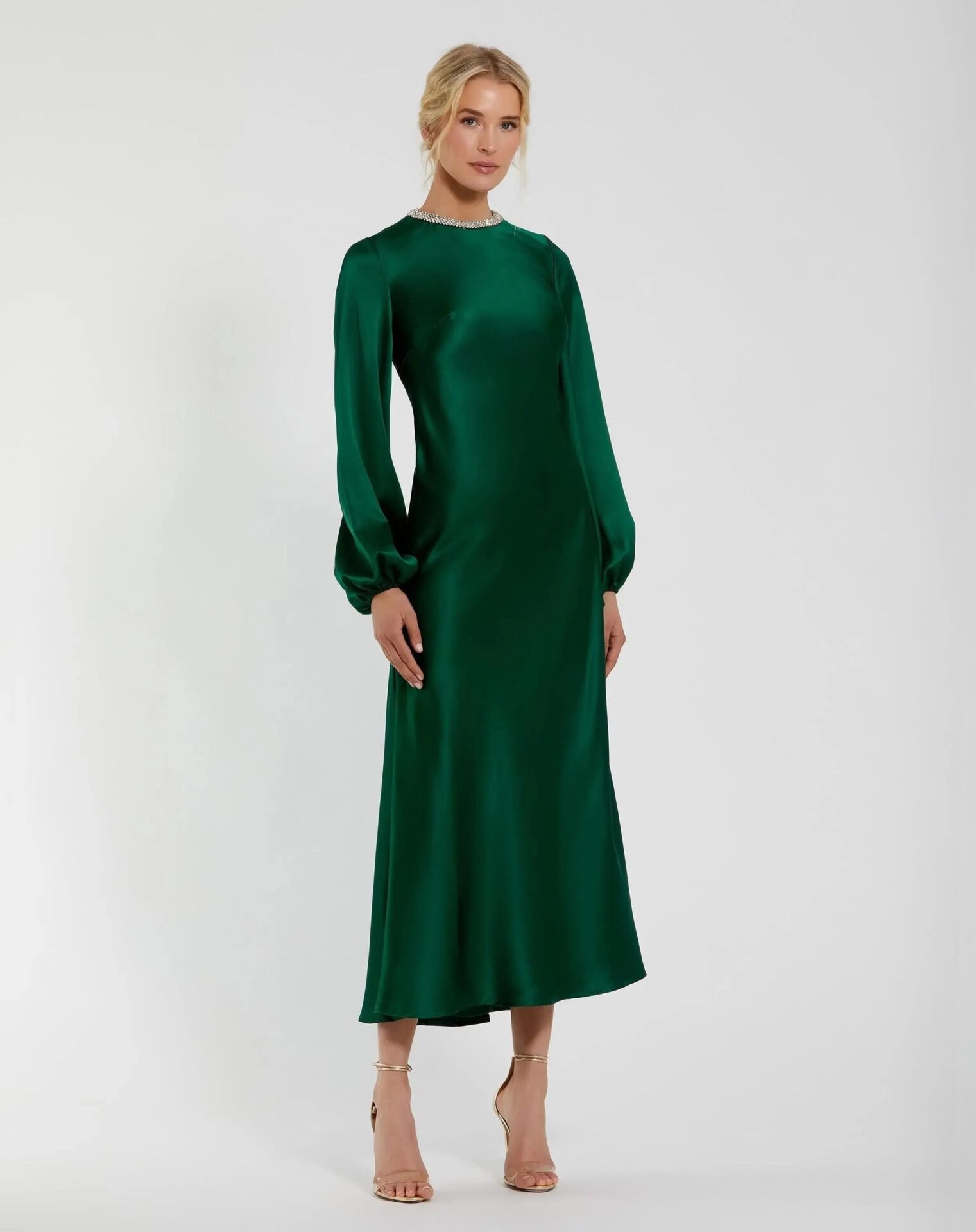 Green High Neck Long Sleeve Crystal Detail Dress (Emerald)