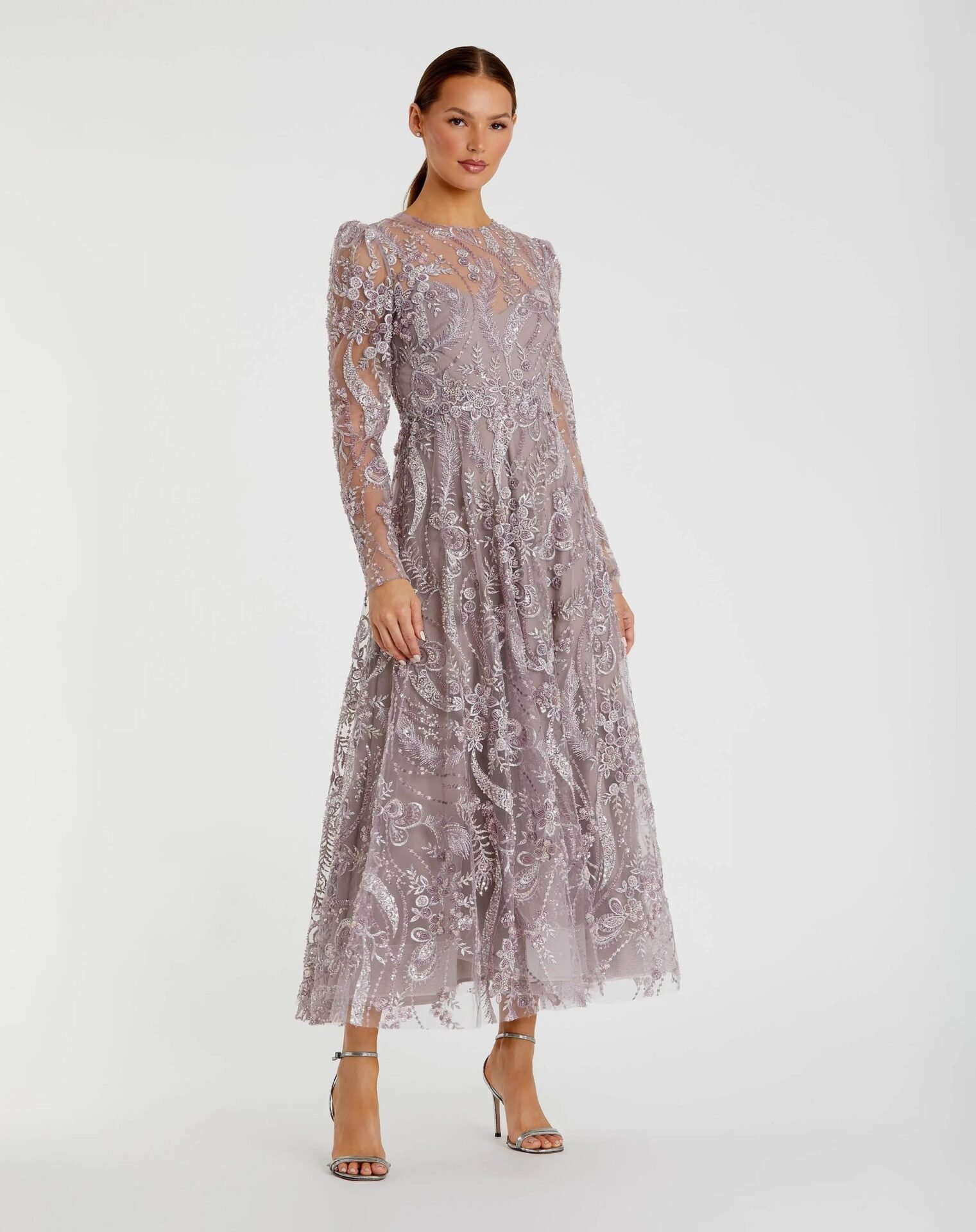 Purple Floral Embroidered High Neck Long Sleeve Dress (Mauve)