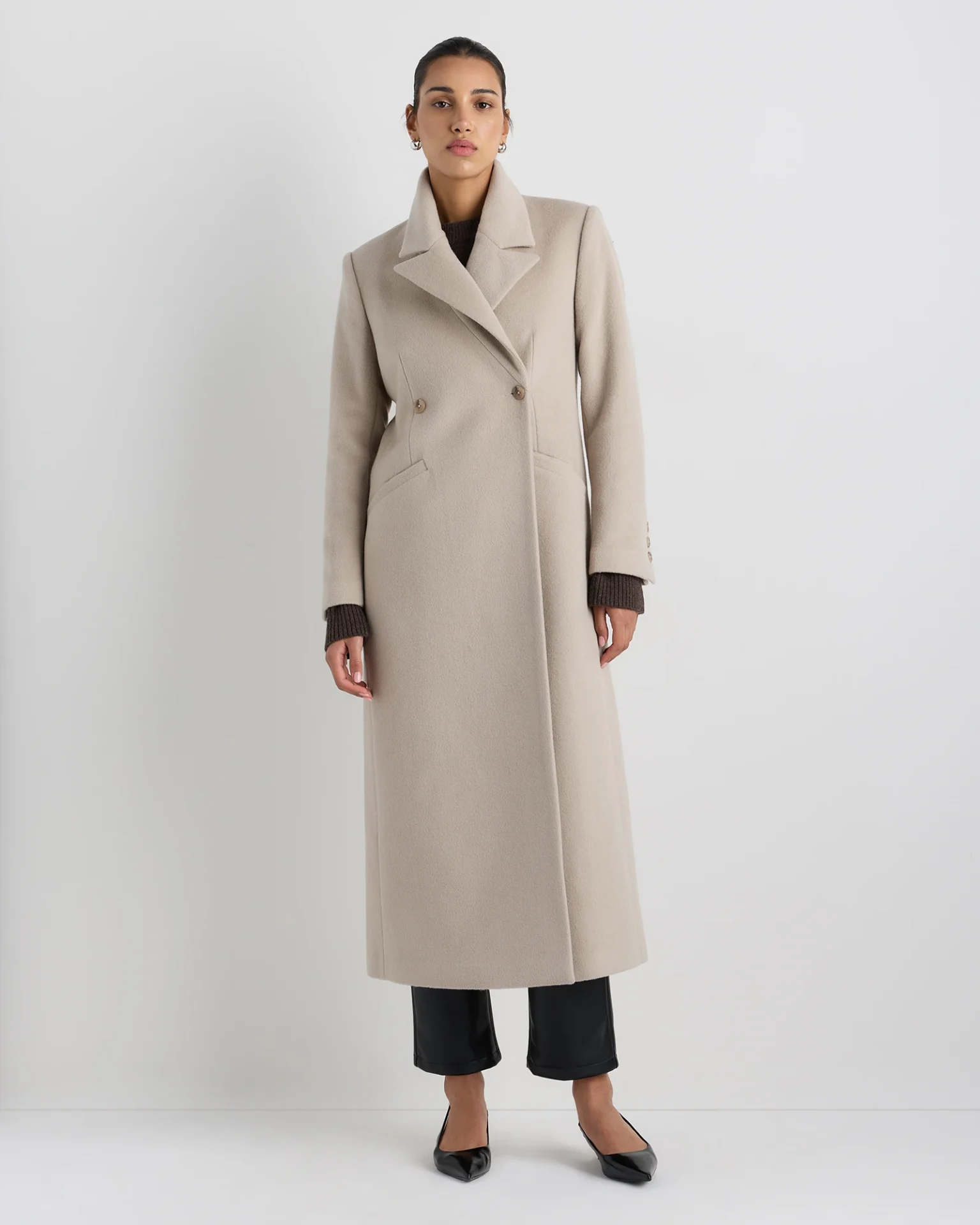 Wool Cashmere Tailored Long Coat (Melange Sand Dune)