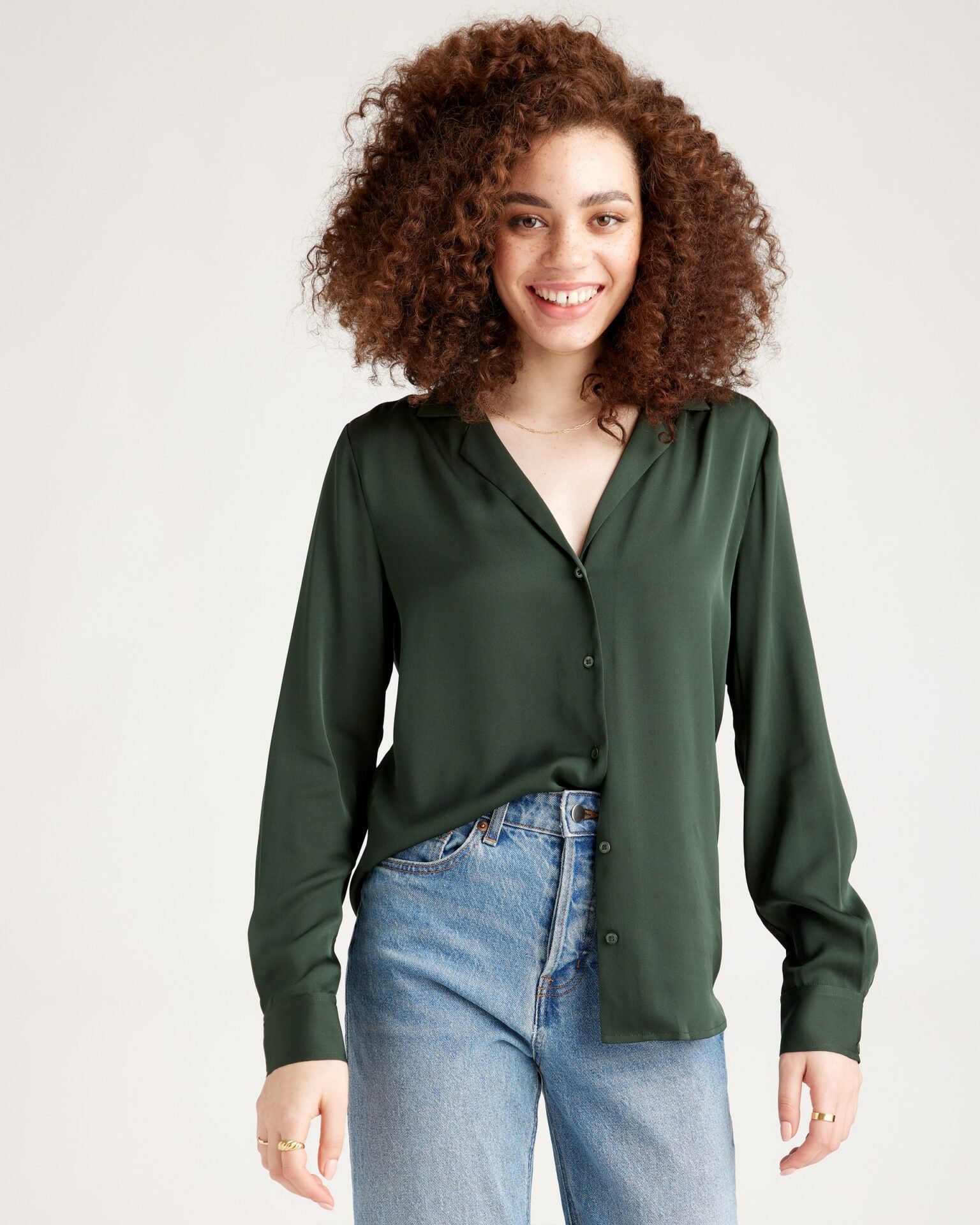 Washable Stretch Silk Notch Collar Blouse (Forest Green)