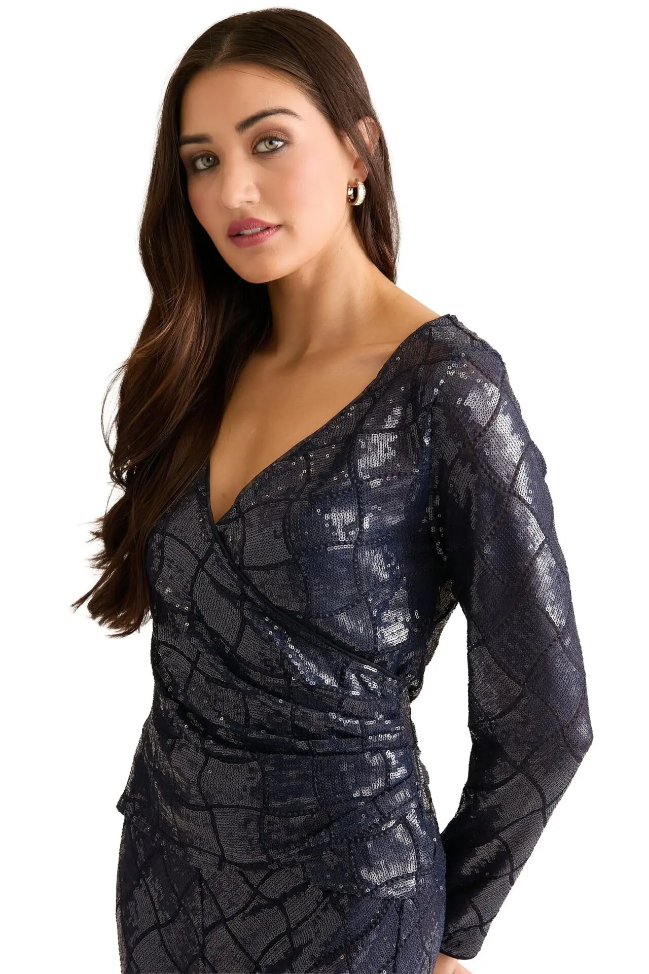 Rosaline Long Sleeve Diamond Sequin Blouse Top (Navy)