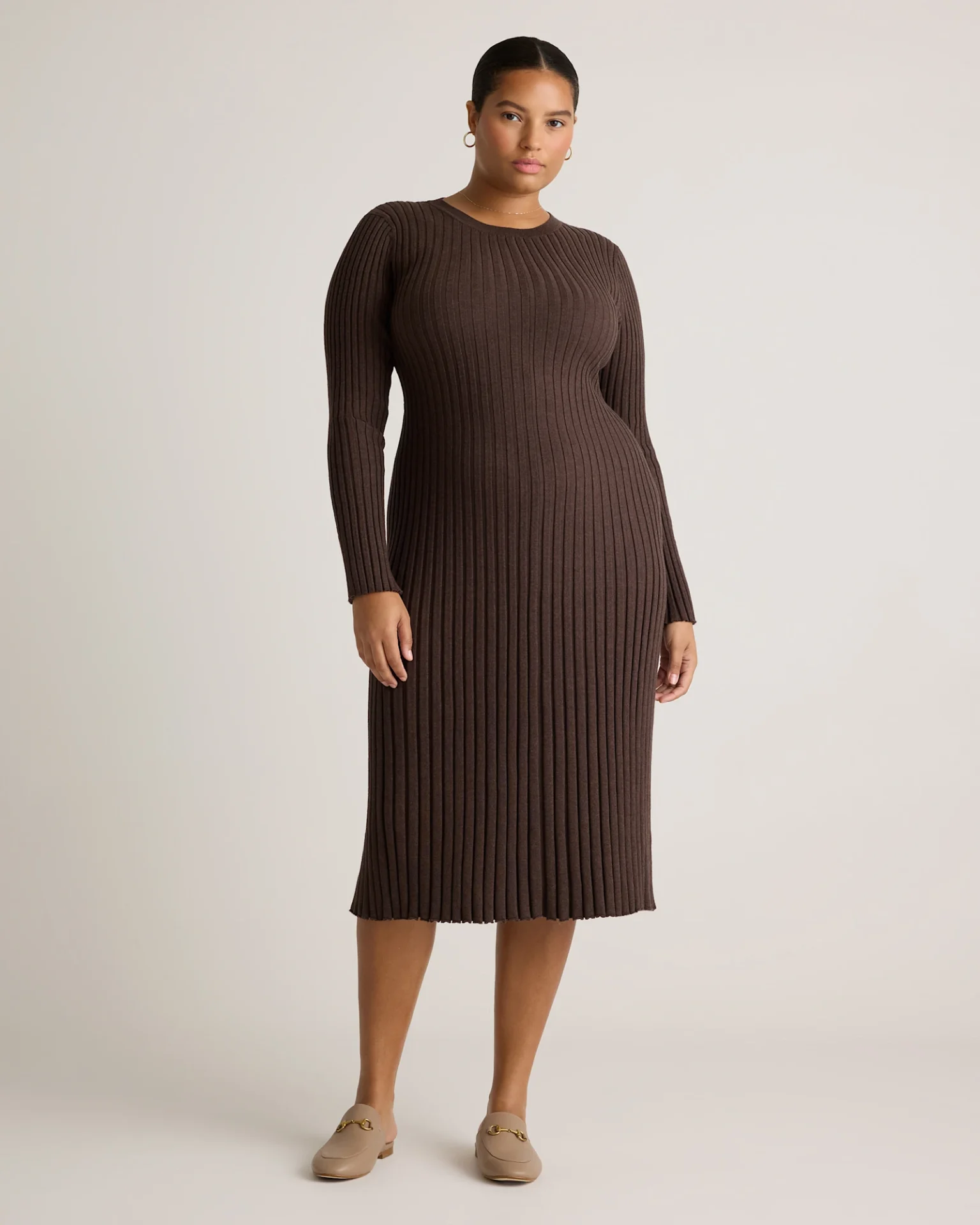 Cotton Cashmere Ribbed Long Sleeve Crew Midi Dress (Mocha Heather)