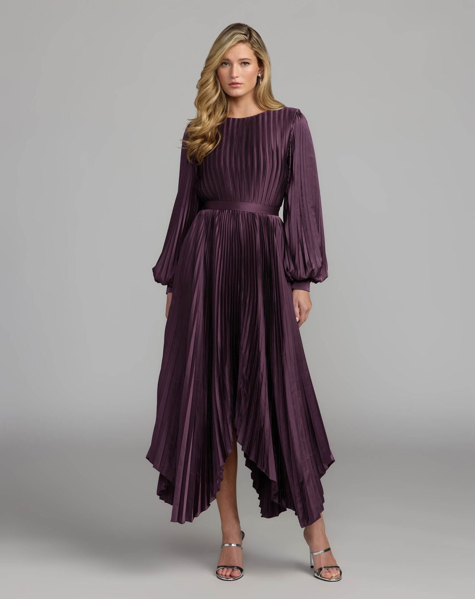 Long Sleeve Pleated Charmeuse Handkerchief Dress (Plum)