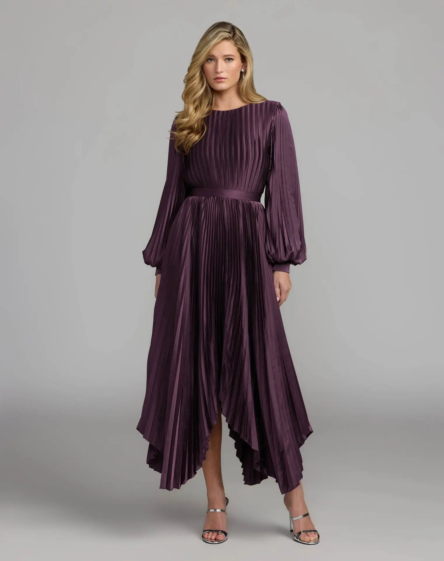 Long Sleeve Pleated Charmeuse Handkerchief Dress (Plum)