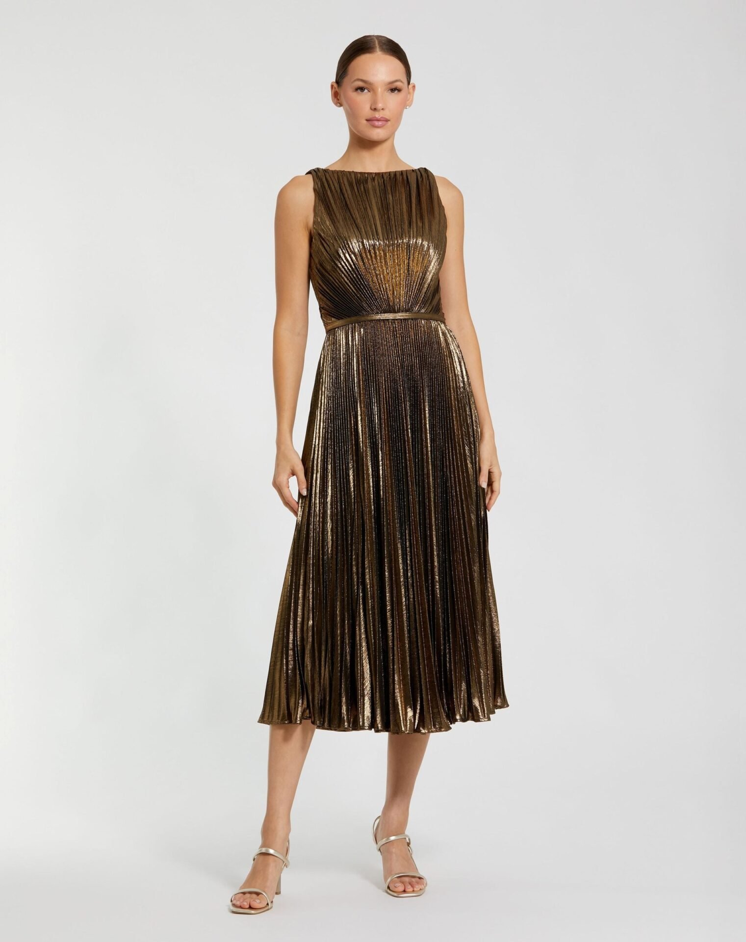Gold Metallic Pleated High Neck Midi Dress (Antique Gold)