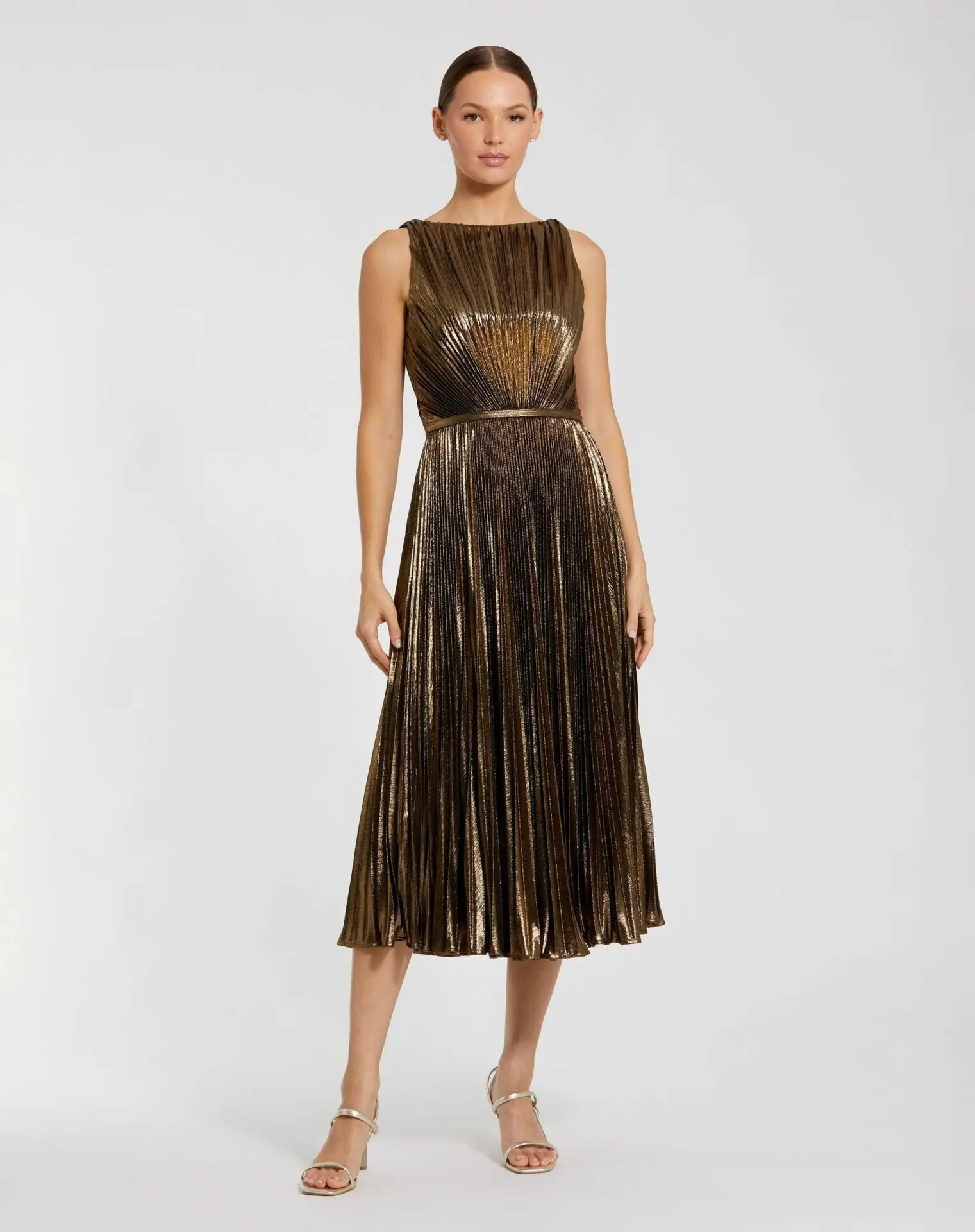 Gold Metallic Pleated High Neck Midi Dress (Antique Gold)