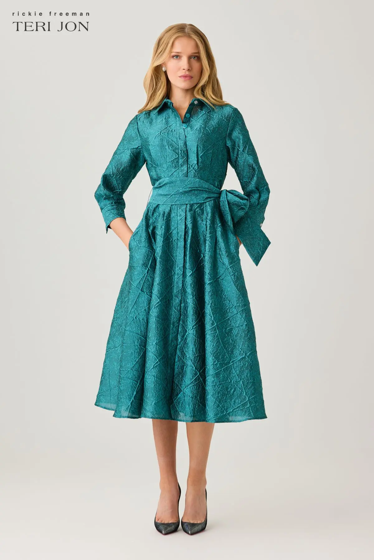 Metallic Jacquard Seamed Shirt Waist Dress (Teal)