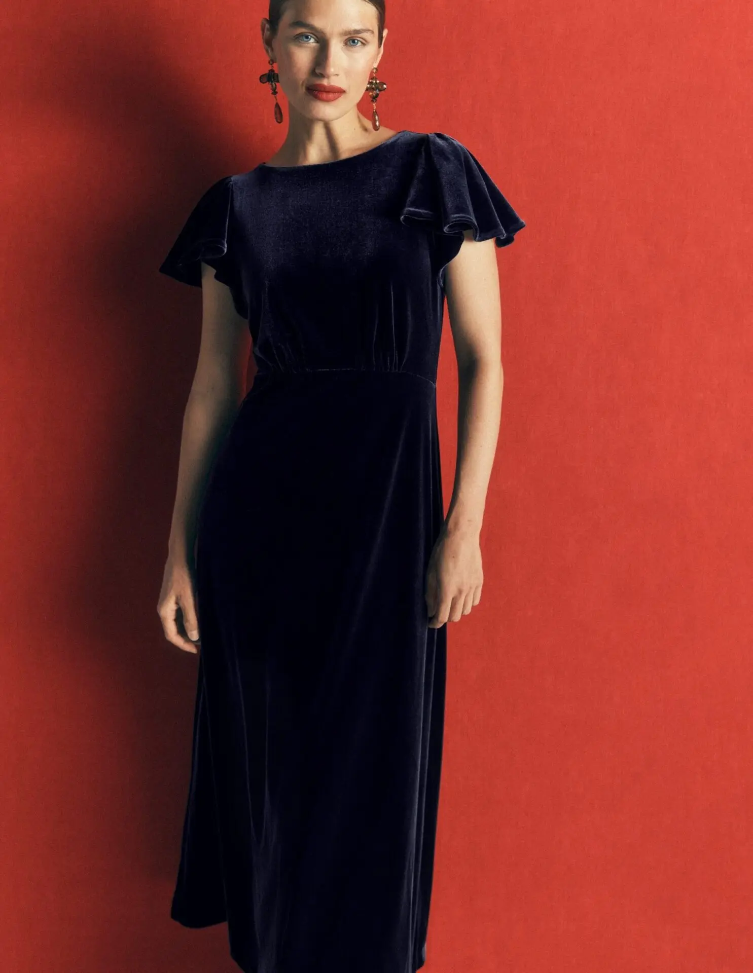 Draped Sleeve Velvet Dress (Navy)