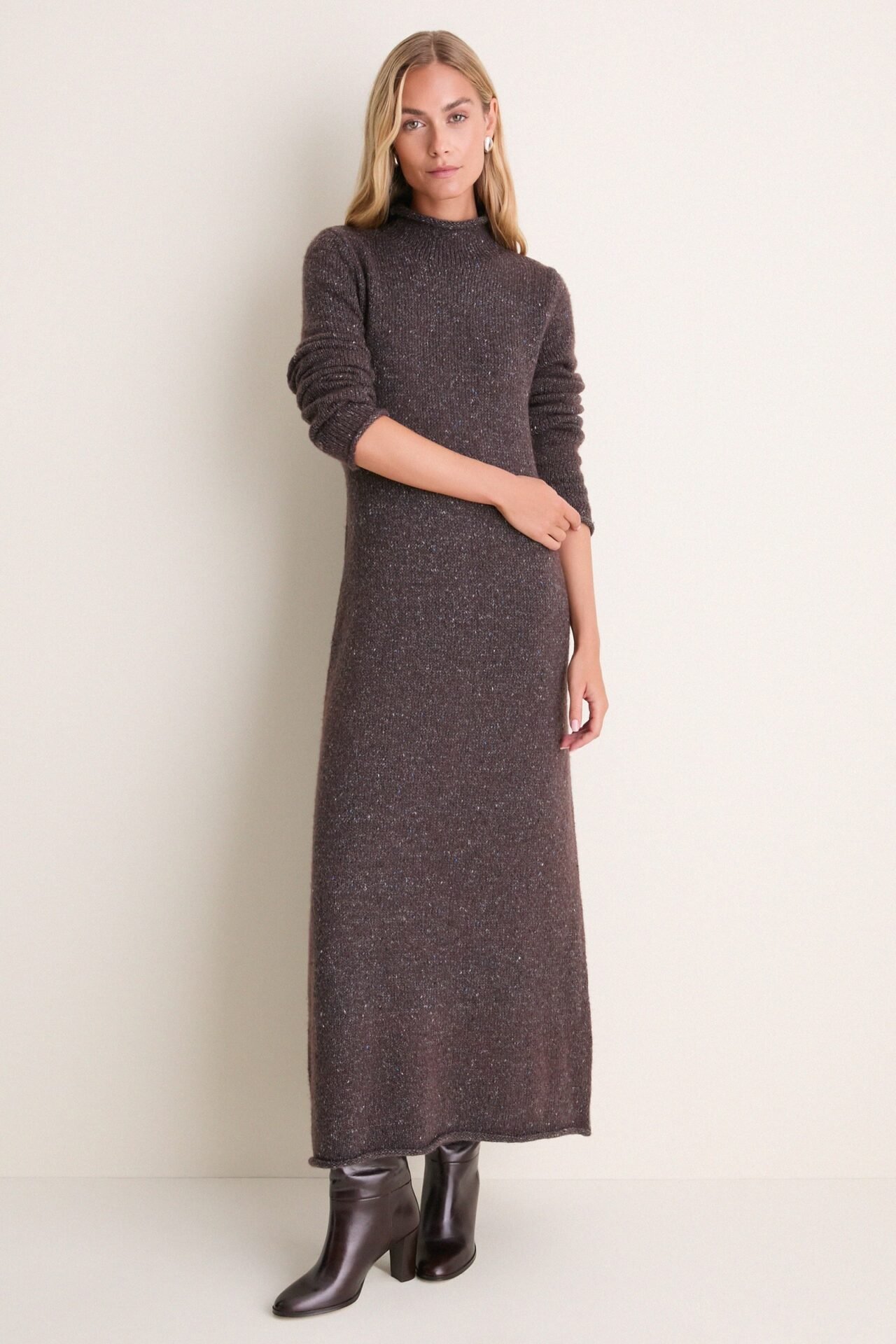 Brown Speckled Merino Blend Burton Sweater Dress