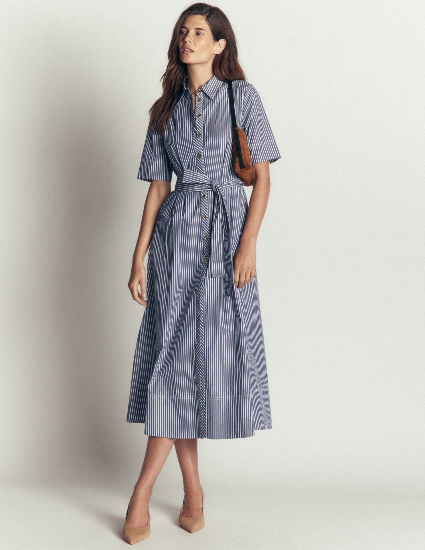 Sarah Cotton Midi Shirt Dress (Navy Ivory Fine Stripe)