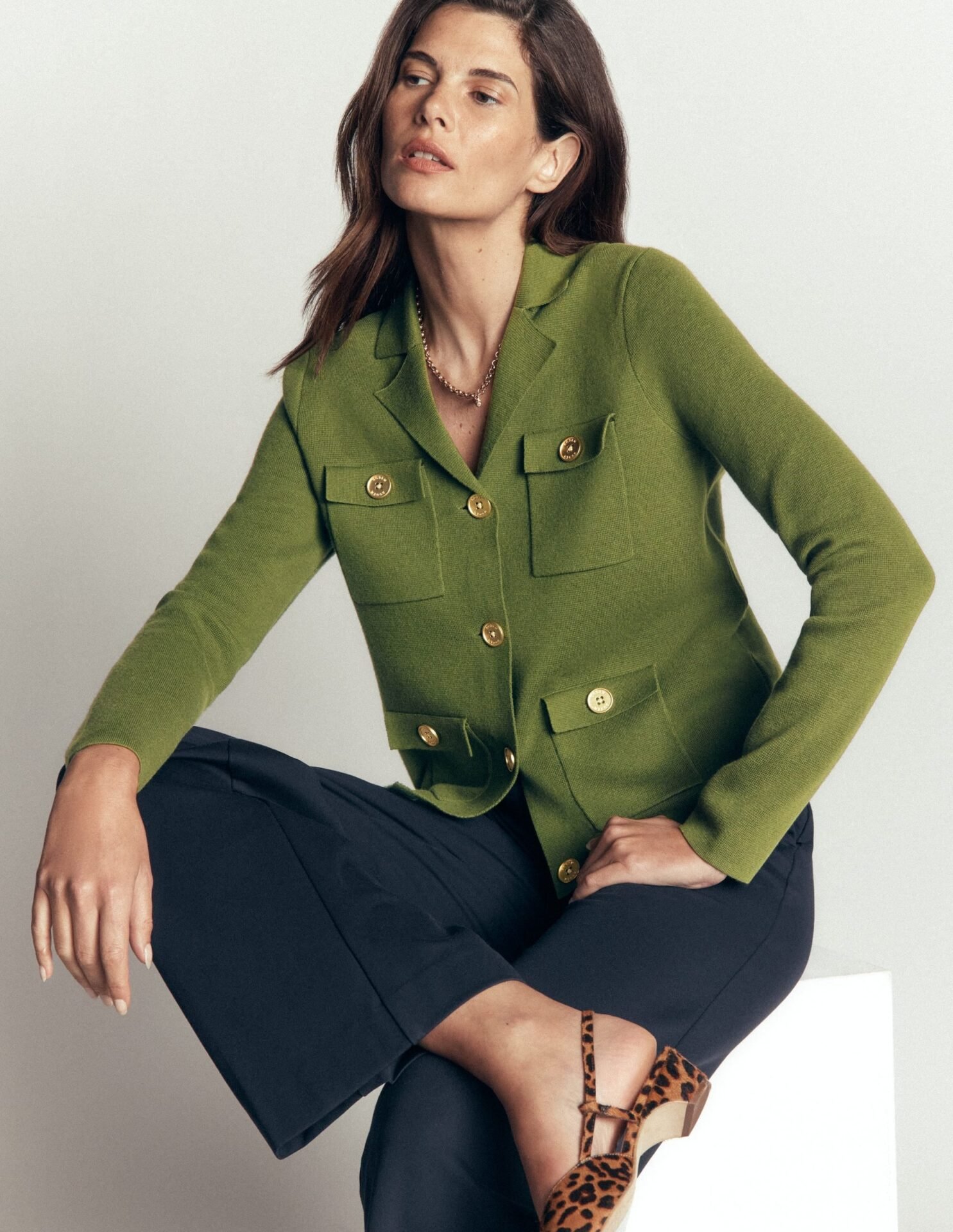 Phoebe Collared Knitted Jacket (Forest Green)