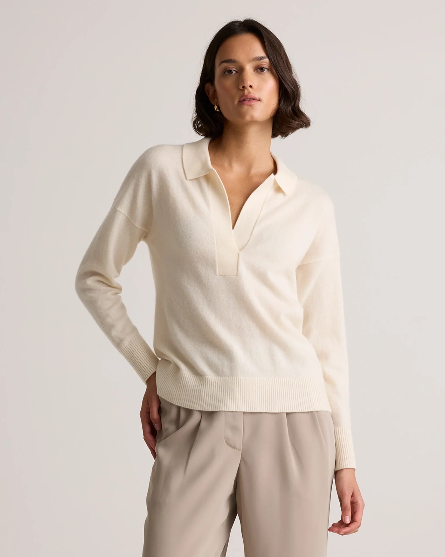Mongolian Cashmere Polo Sweater (Ivory)