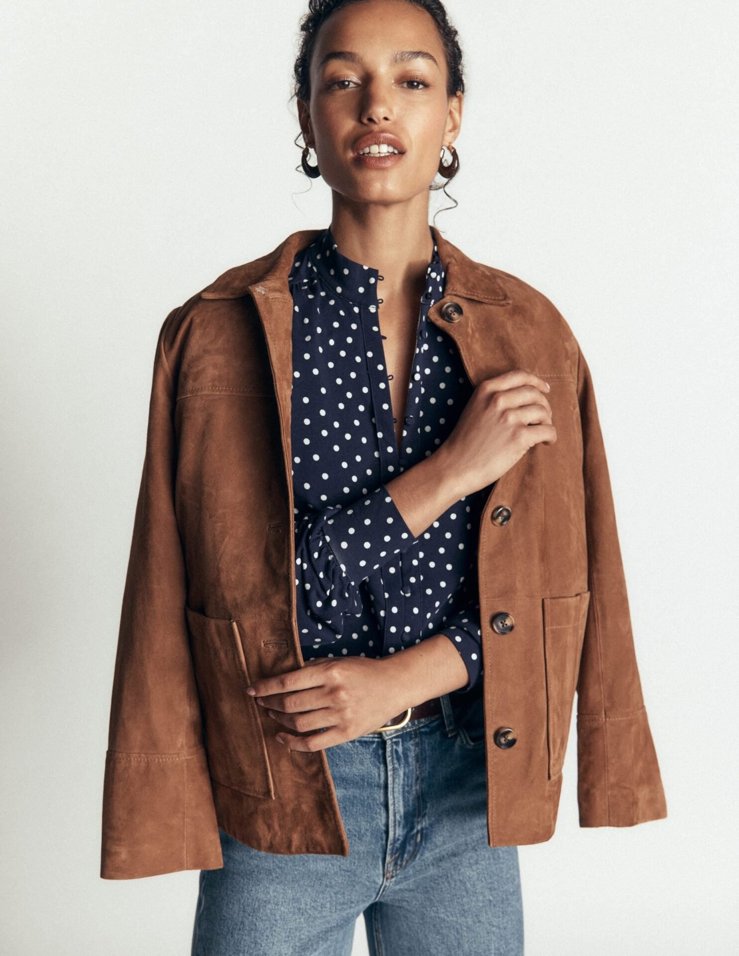 Isla Funnel Neck Button Blouse (Navy Spot)