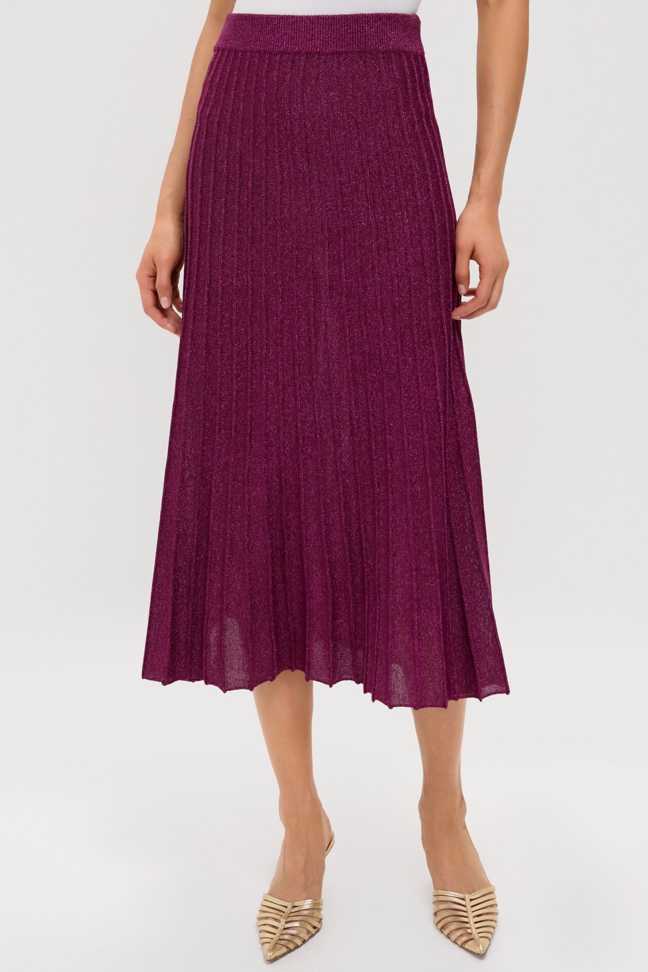 Plum Shimmer Knit Pleated Arion Midi Skirt
