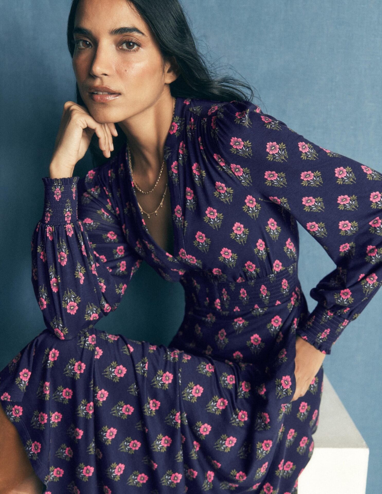 Georgia Jersey Midi Dress (Navy, Flourishing Spring Stamp)