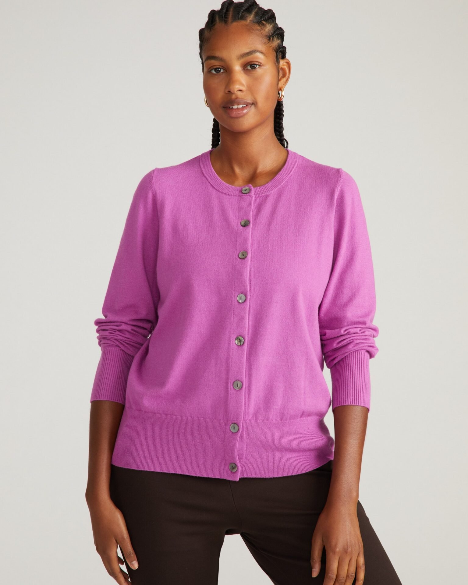 Savvy Fine Knit Crewneck Cardigan (Purple Vision)