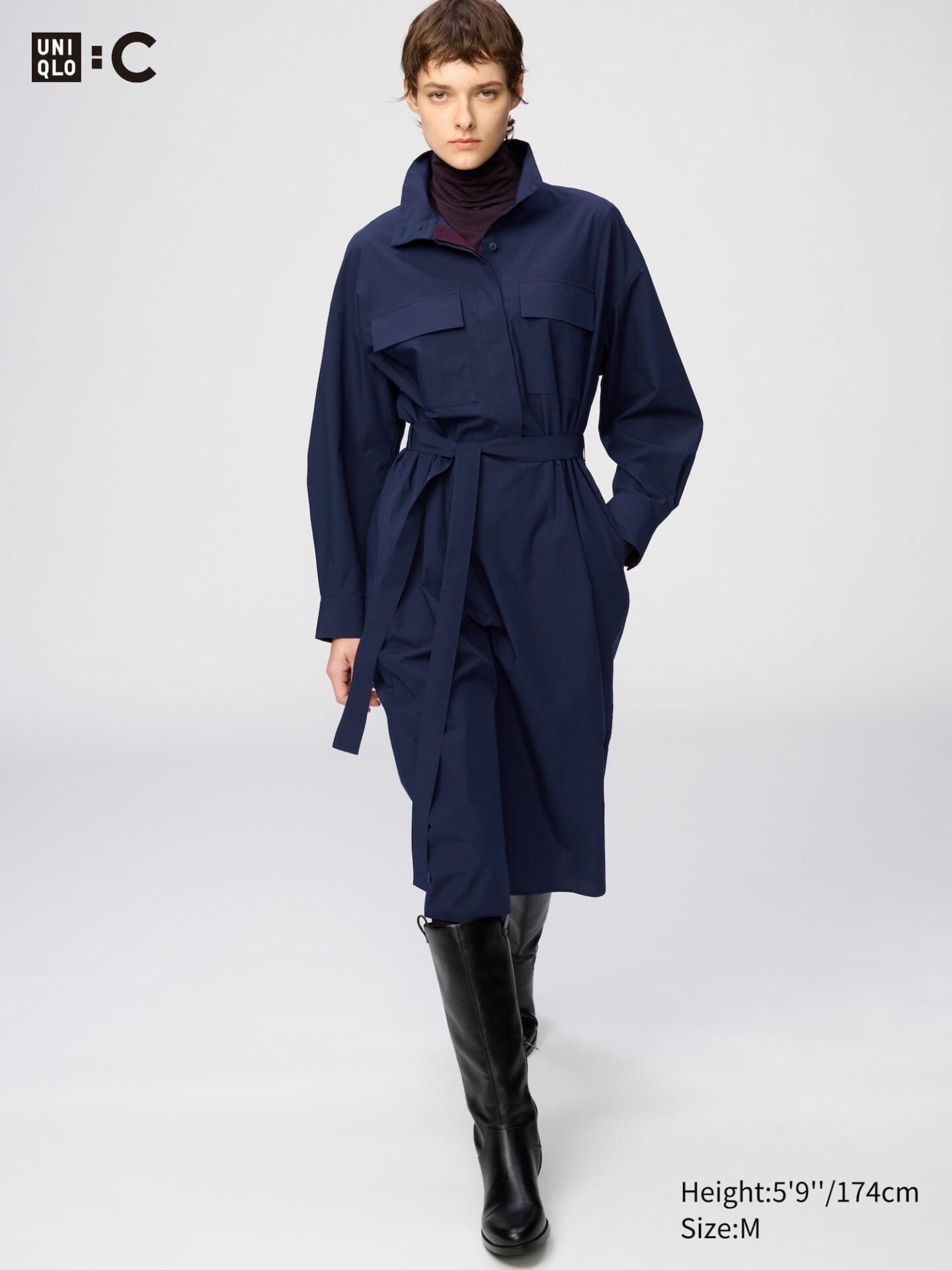 Cotton Stand Collar Dress (69 Navy)