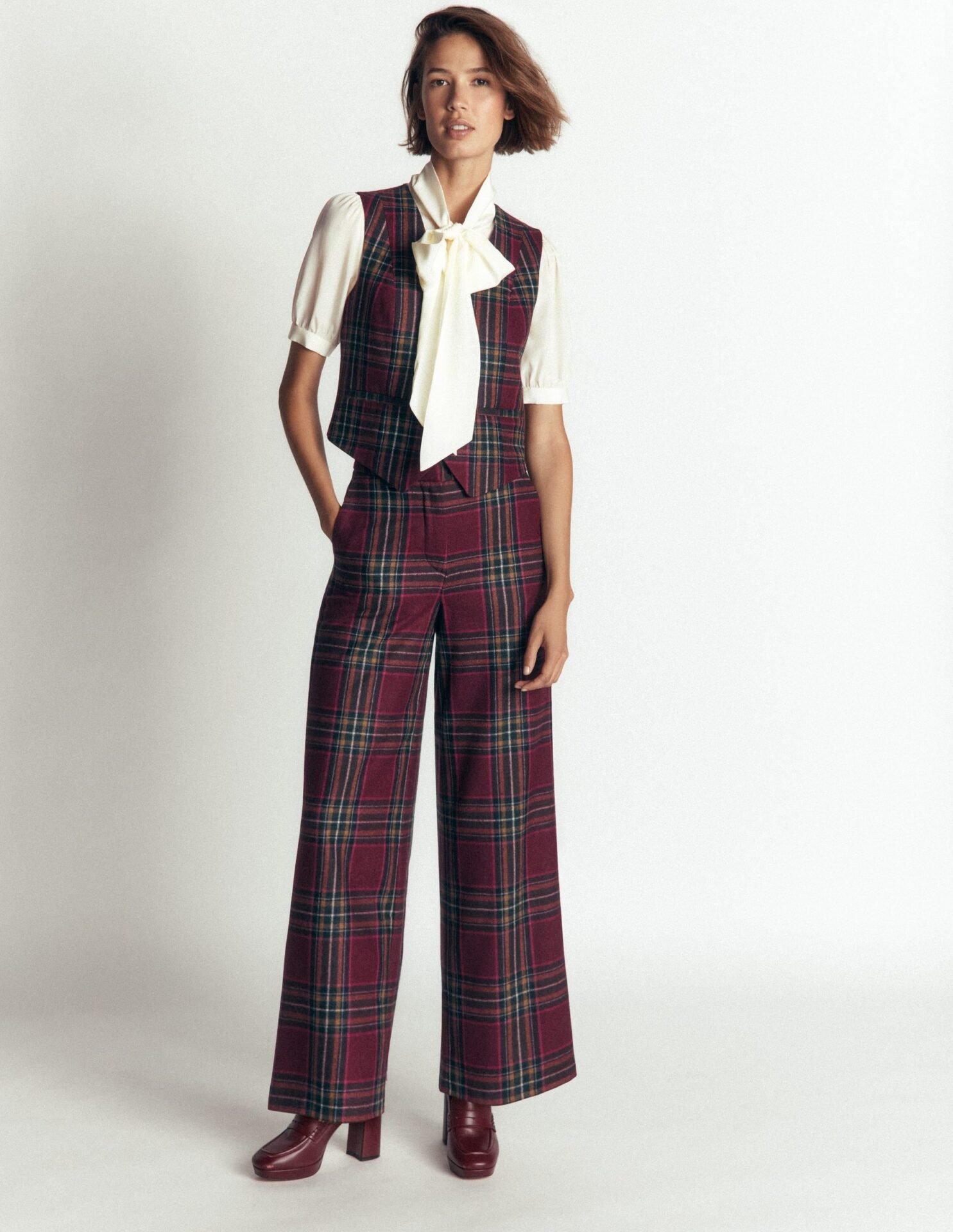 Belgravia Wool Blend Pants (Maroon and Olive Check)