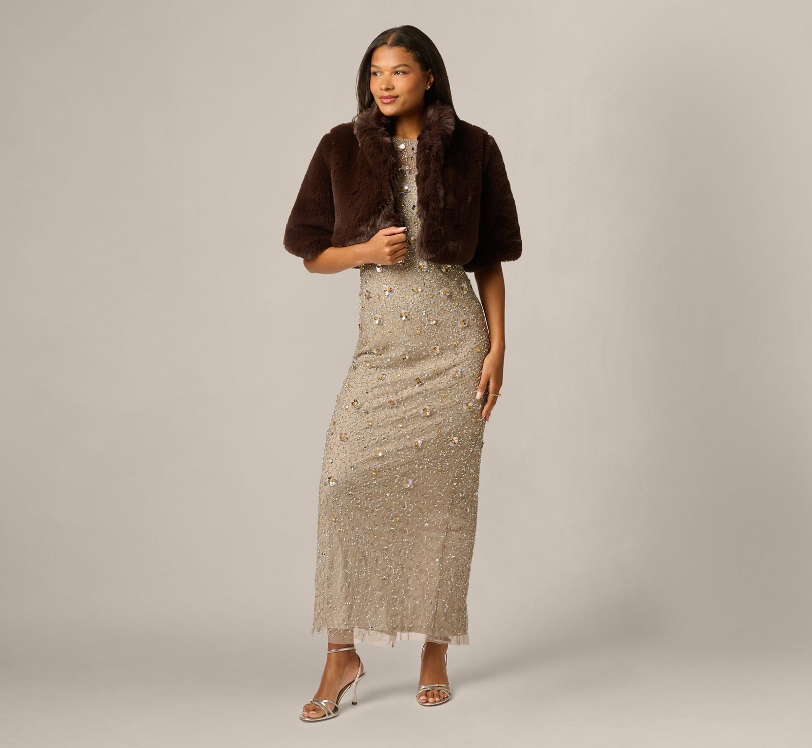 Short Sleeve Faux Fur Coverup Jacket (Dark Brown)
