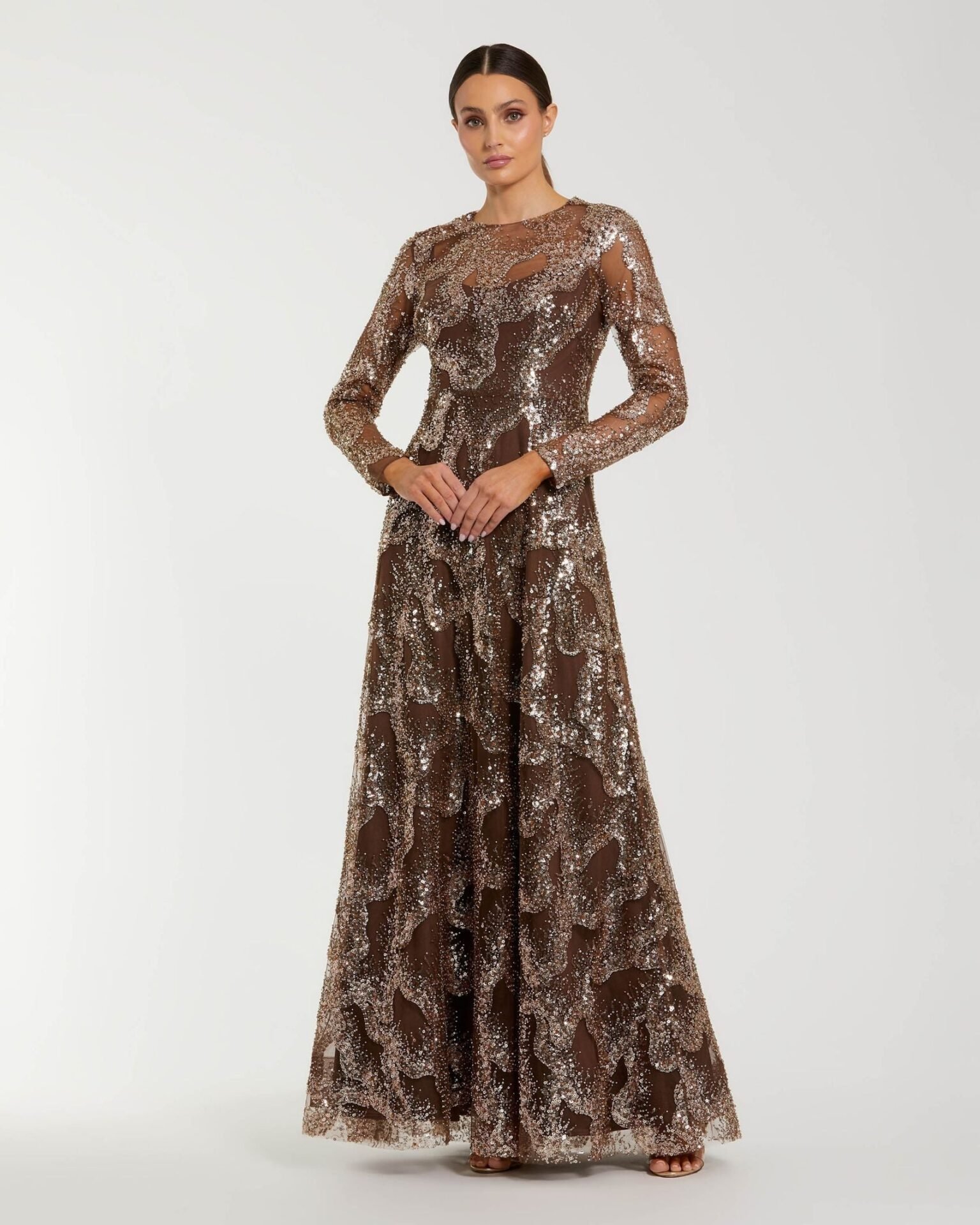 Brown Embellished Long Sleeve High Neck Evening Gown (Bronze)