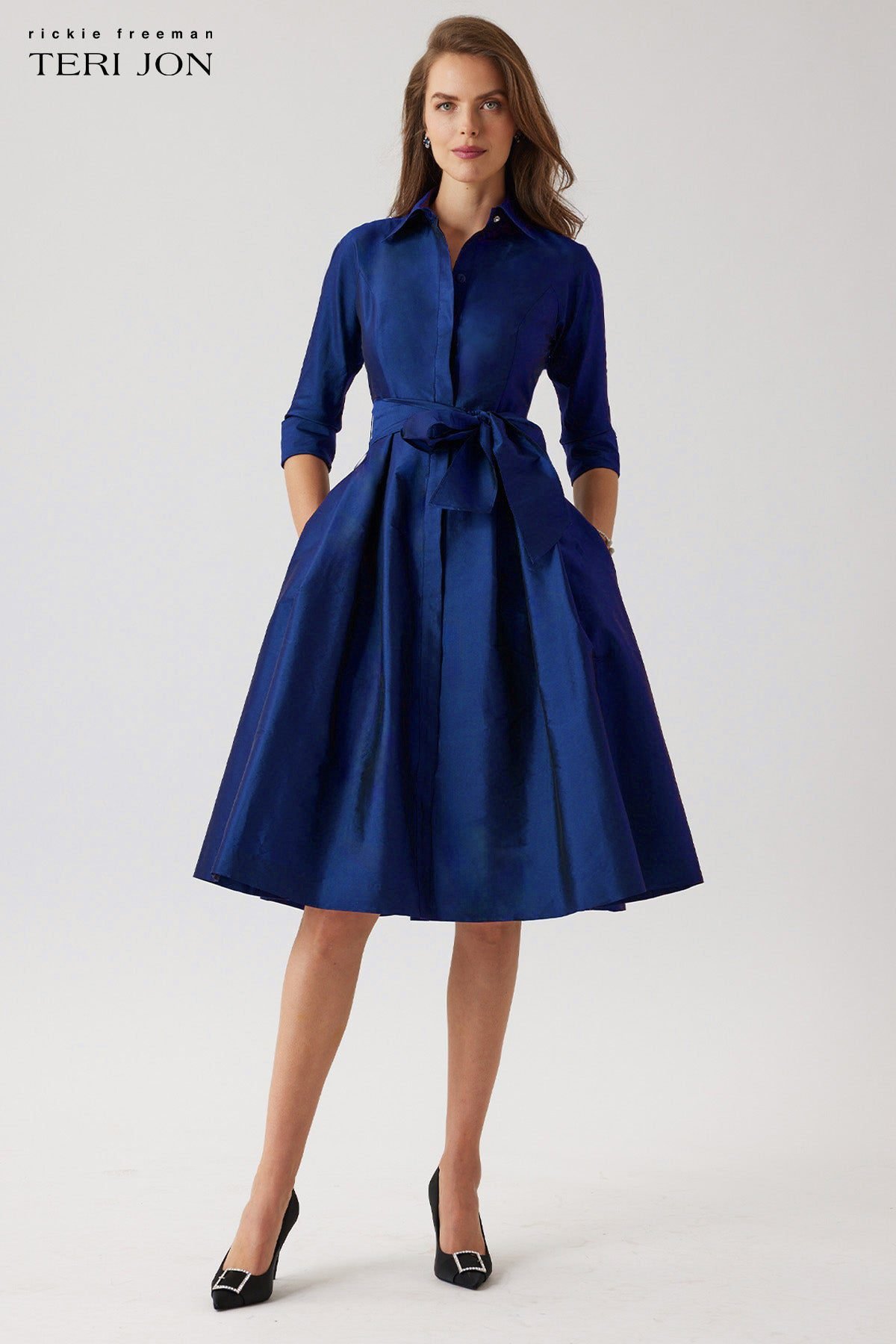 3/4 Sleeve Belted Taffeta Shirt Dress (Sapphire)