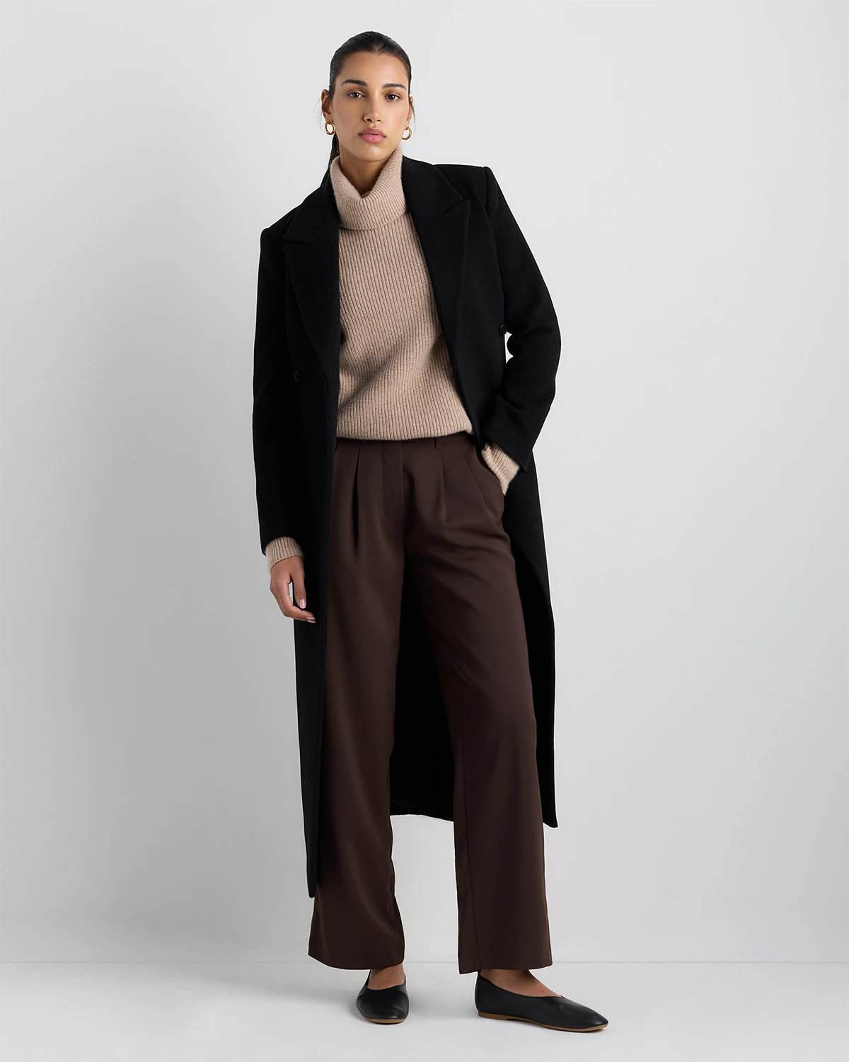 Wool Cashmere Tailored Long Coat (Black)