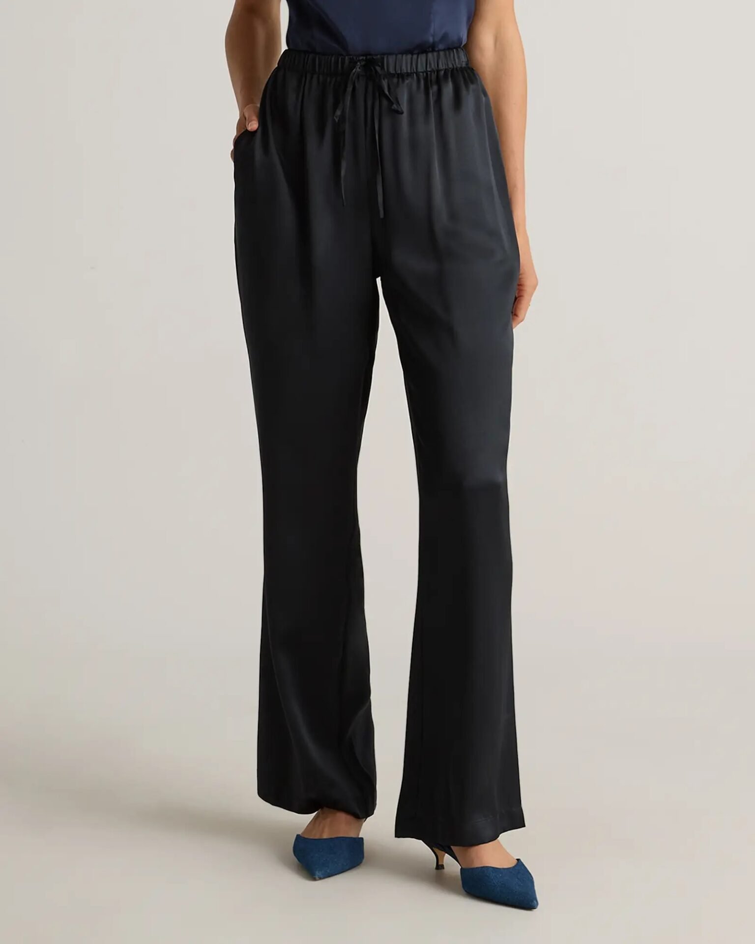 100% Washable Silk Drawstring Wide Leg Pants (Black)