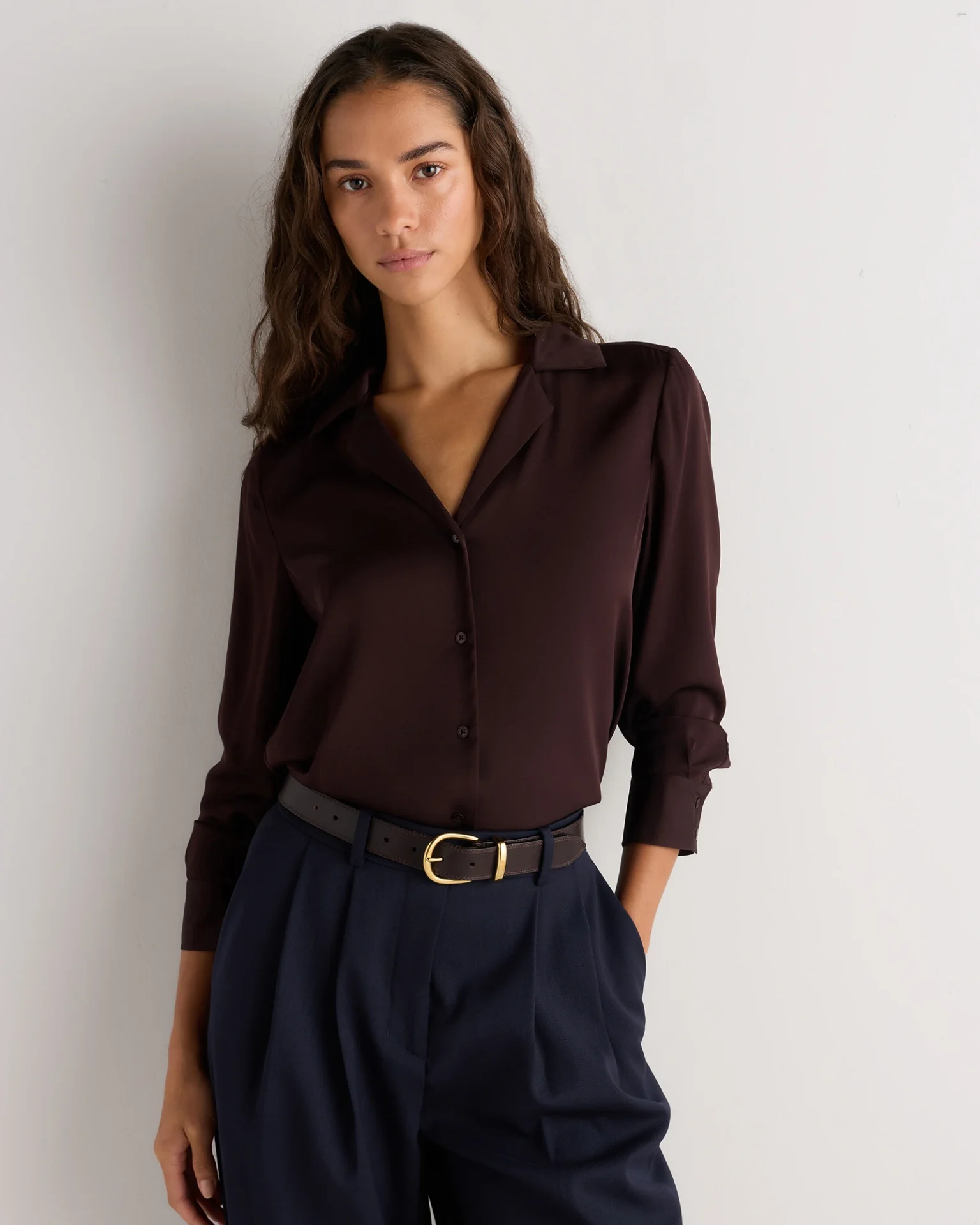 Washable Stretch Silk Notch Collar Blouse (Chocolate Plum Brown)