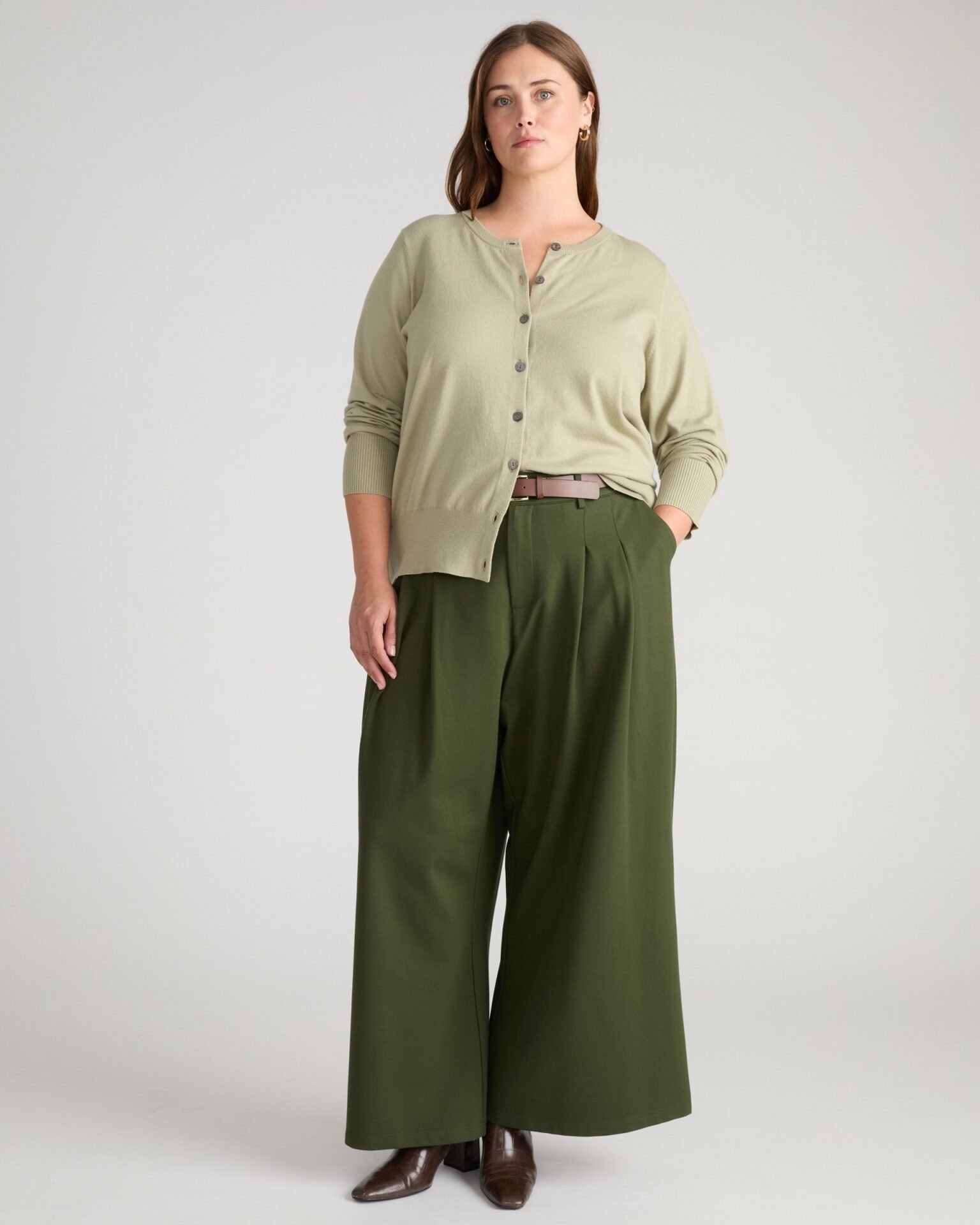 Savvy Fine Knit Crewneck Cardigan (Whisper of Sage)