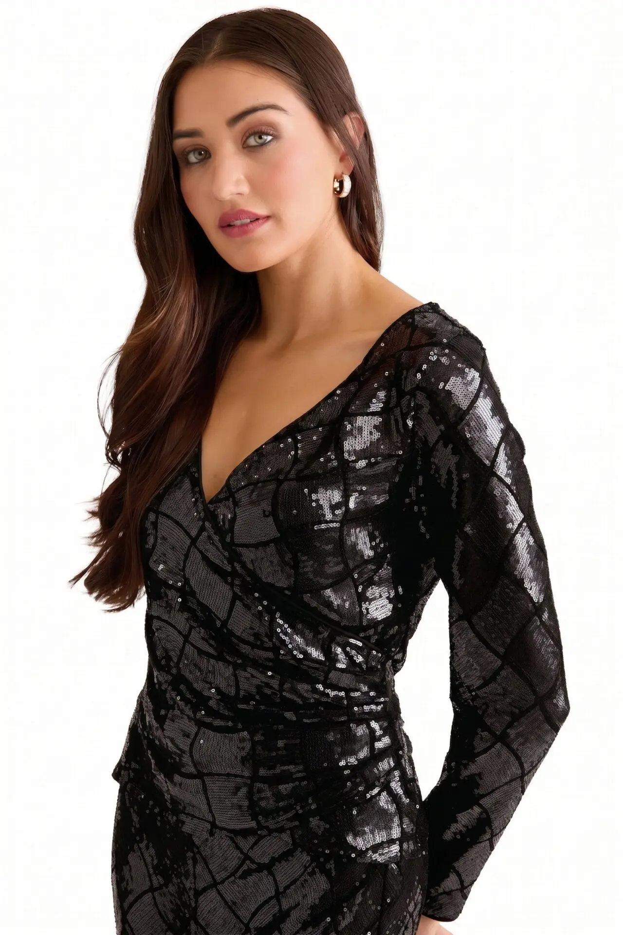 Rosaline Long Sleeve Diamond Sequin Blouse Top (Black)